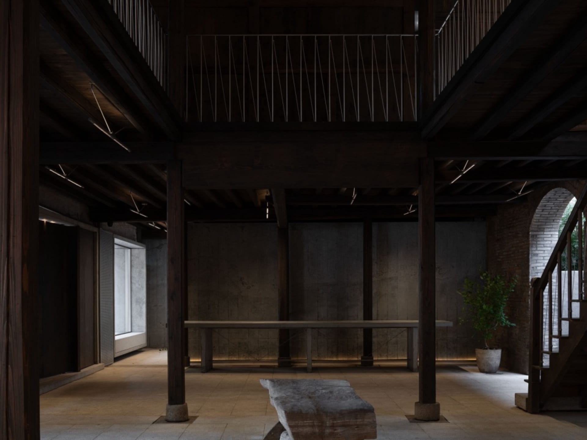 Dark outdoor space with a stone table surrounded by pillars and potted plants, creating a mysterious ambiance