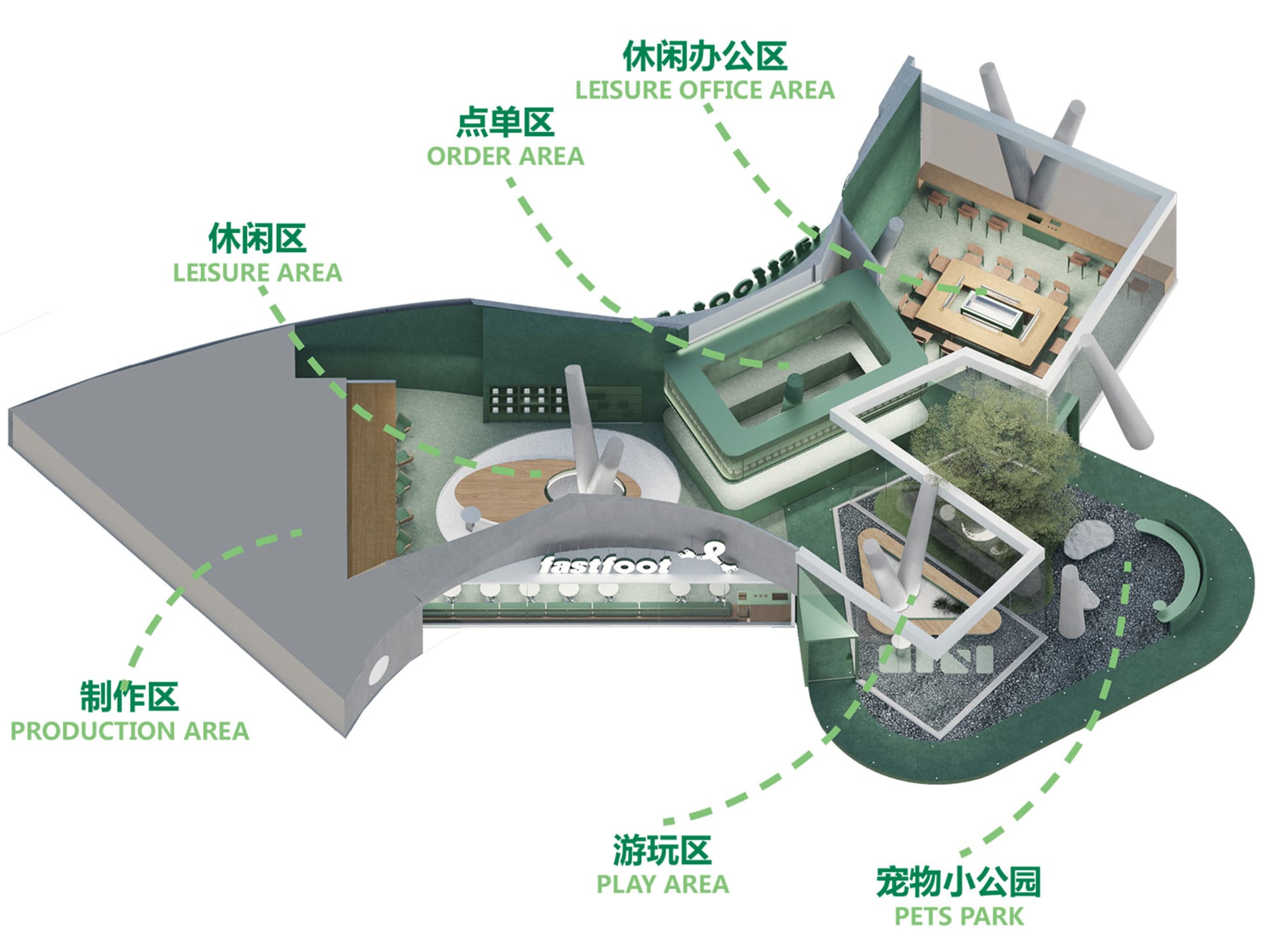 現代商業大樓的 2D 平面圖，包含大廳、休閒區與遊樂區等空間，標註線條、標籤與尺寸