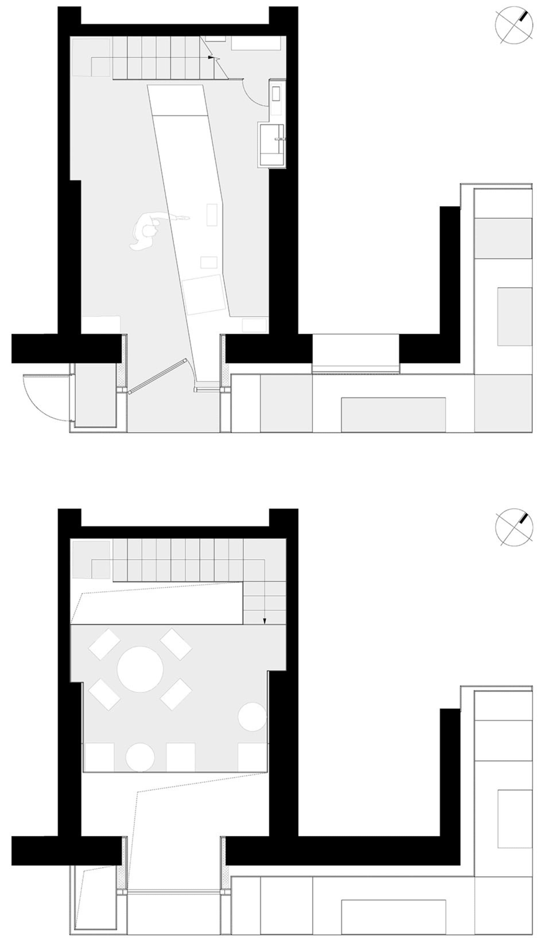 現代平面圖包含客廳區、餐廳區、廚房與臥室，特色為木質地板、白色牆面與自然採光