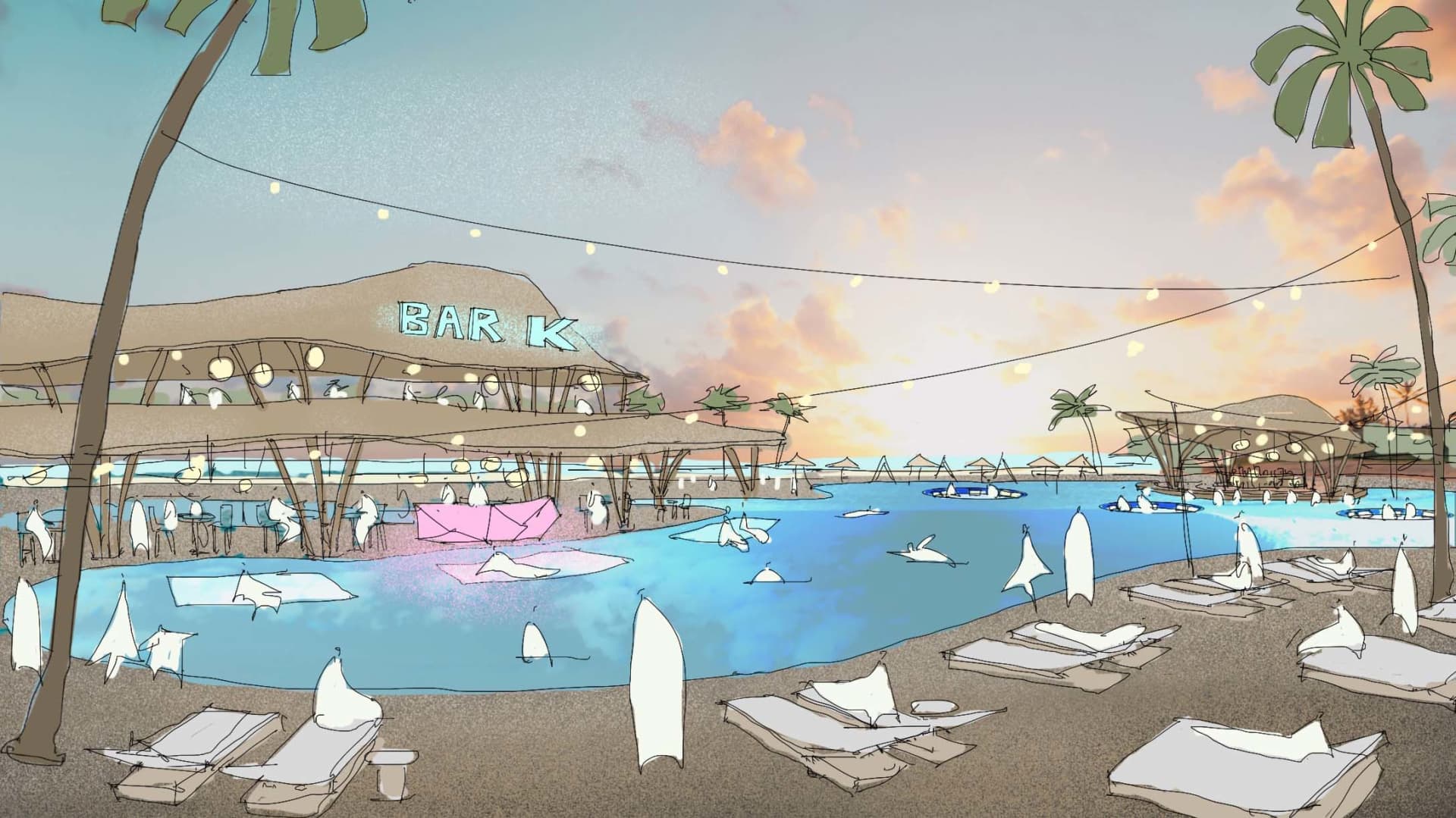 A beach resort with a thatched roof, palm trees, umbrellas, and boats, creating a relaxing and inviting atmosphere