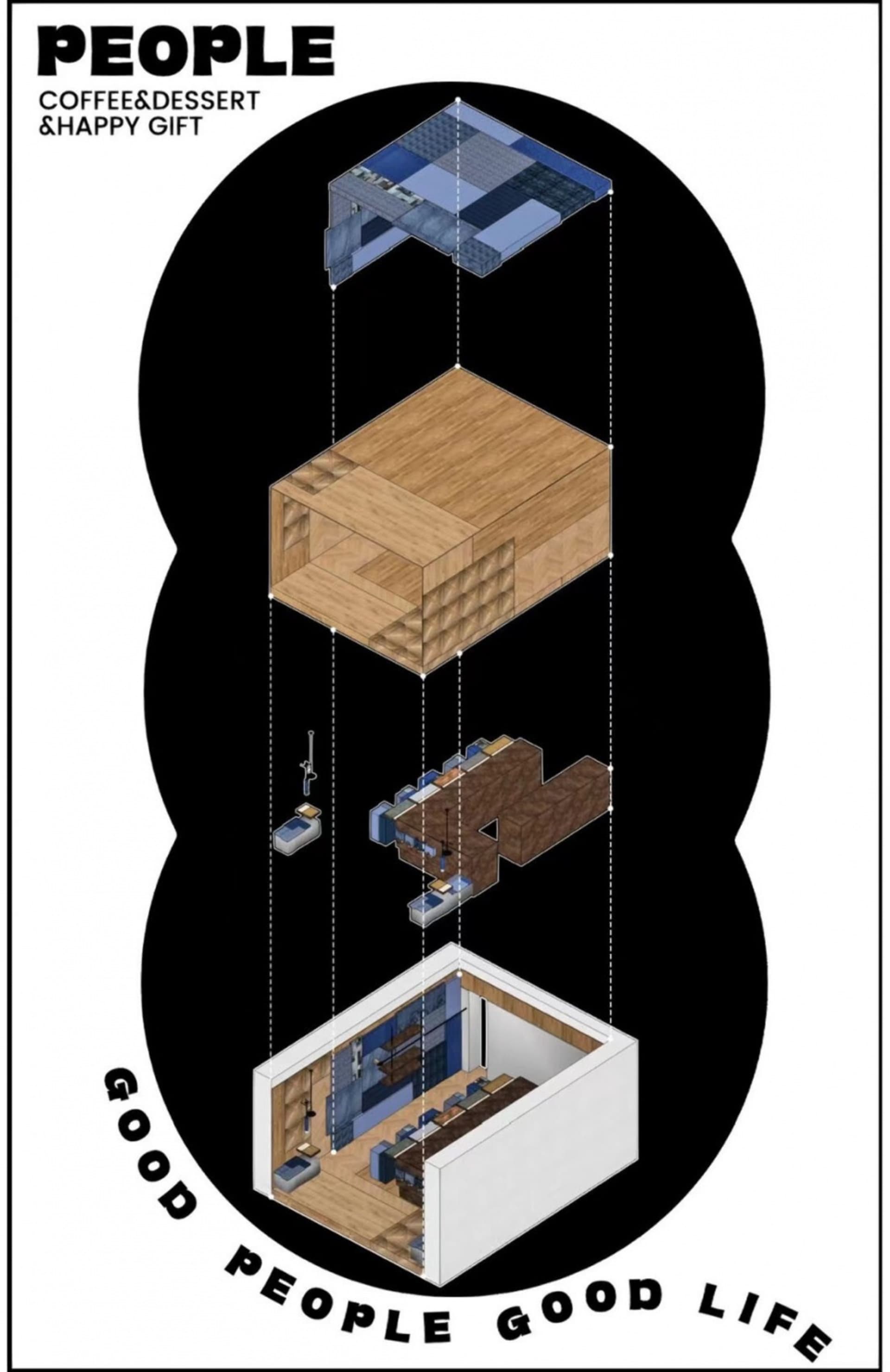 A modern house floor plan with multiple levels, featuring a kitchen, living area, and bedroom, with concrete walls and ample natural light