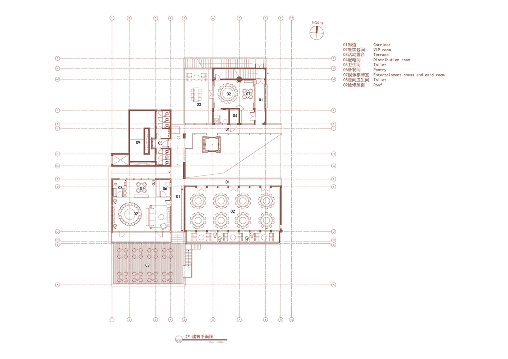 2D floor plan of a modern hotel with clear lines, defined spaces, and various rooms including a kitchen and dining area