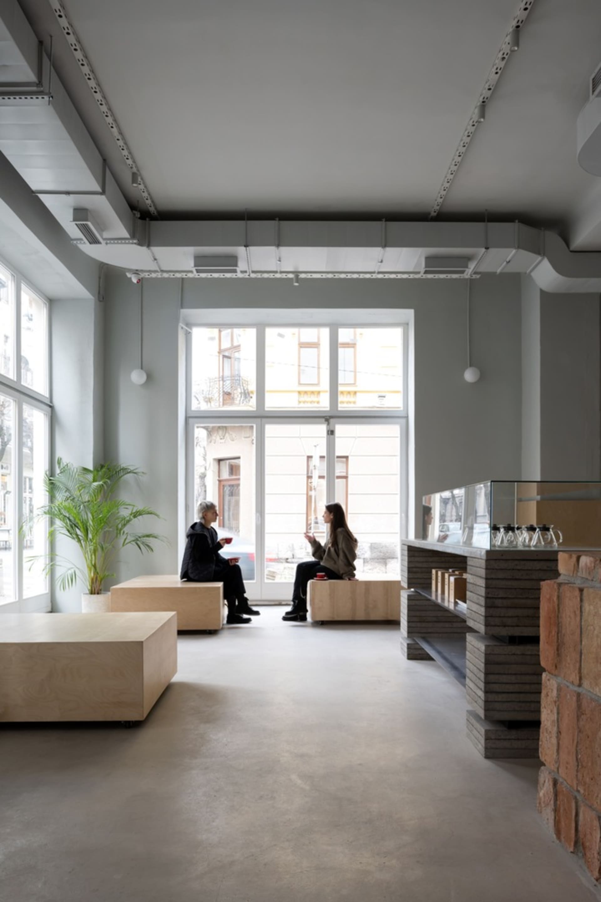 Modern living space with wooden floors, white walls, and large windows, featuring a cozy atmosphere with potted plants and two people sitting on couches