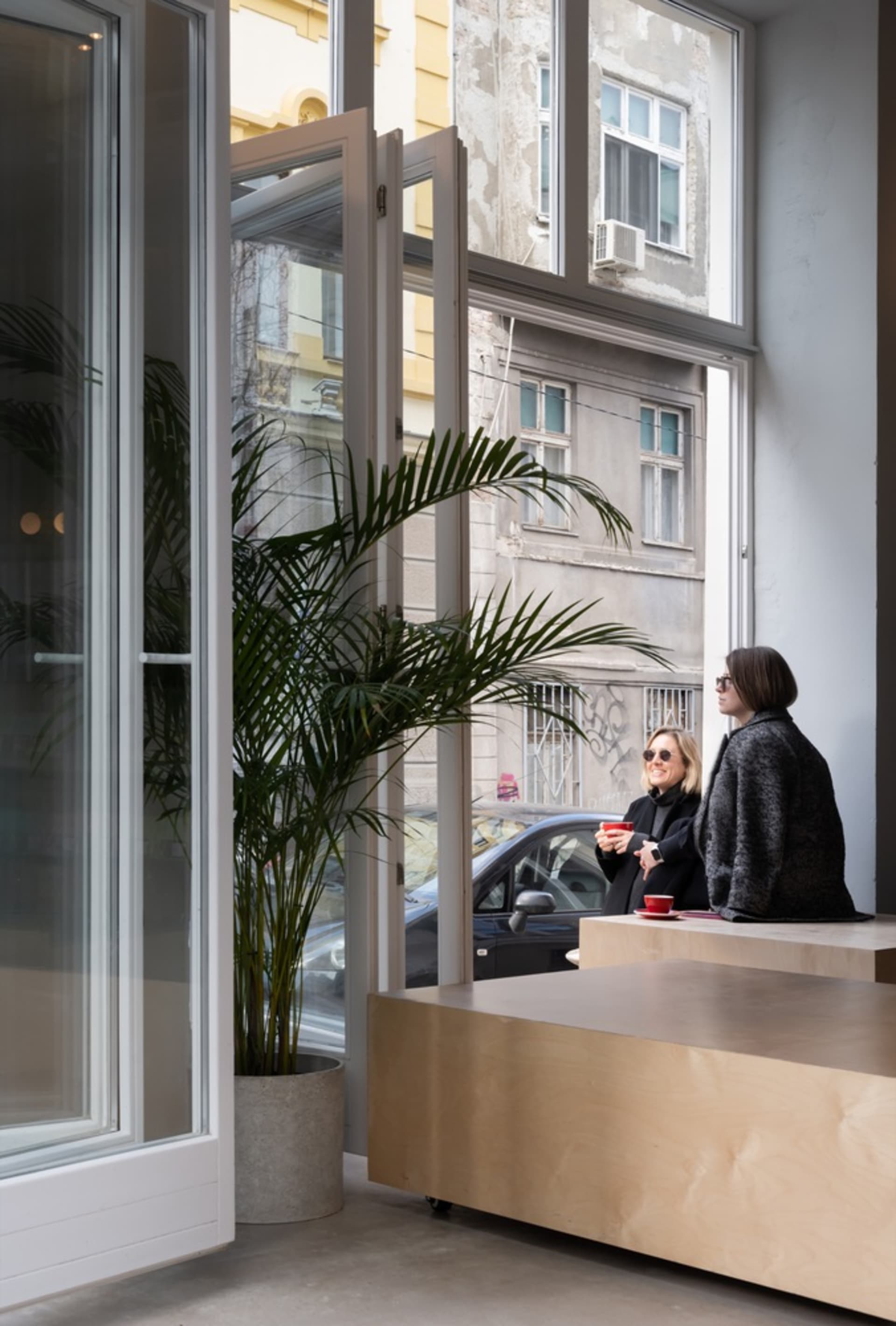 Two women standing in front of a restaurant, looking out at the city street with cars parked nearby, enjoying a casual moment