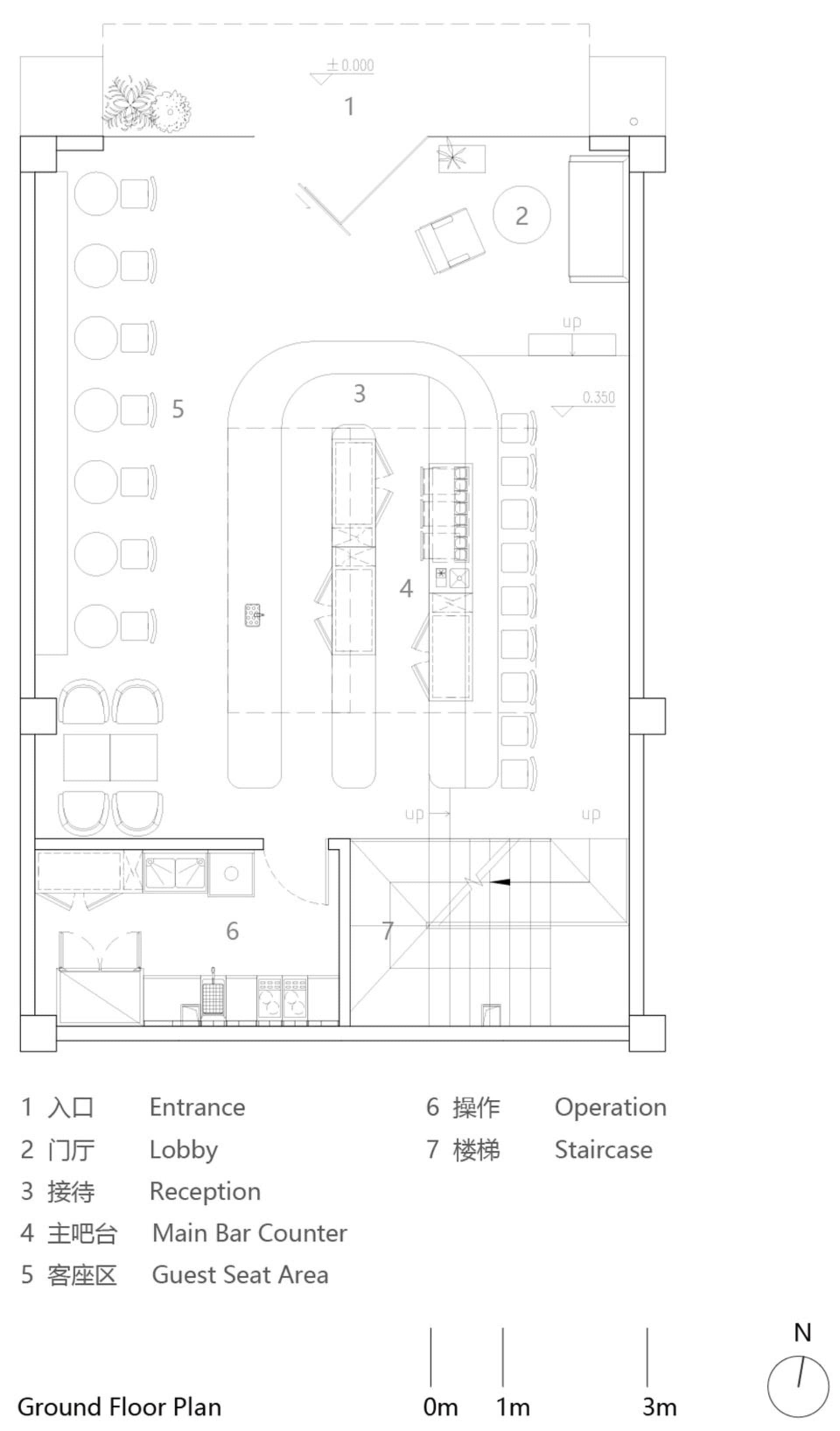 An architectural drawing of a restaurant interior with multiple seating areas, chairs, and dining tables, creating a comfortable atmosphere for guests