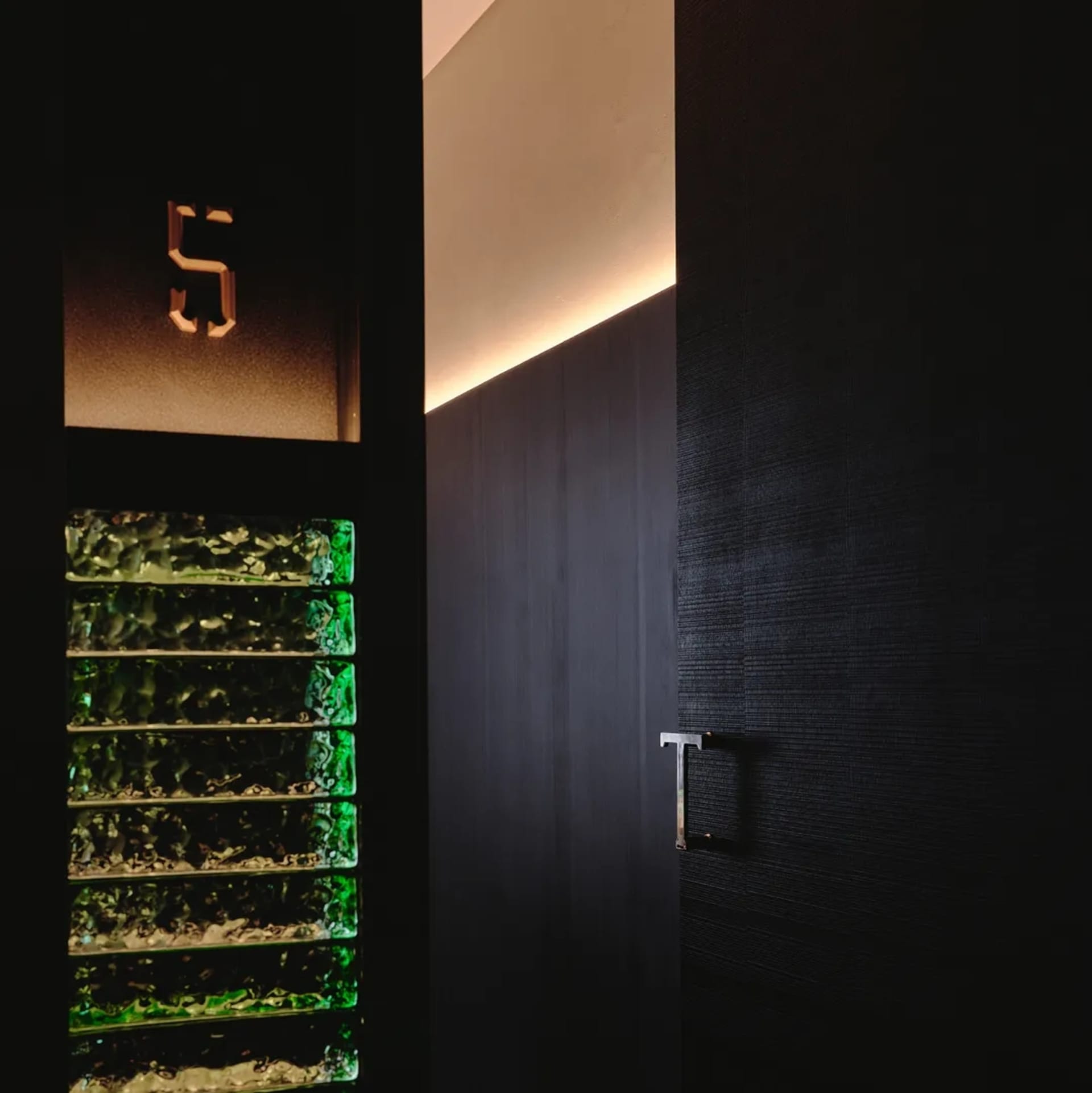 A dark bathroom with two green glass doors and a black doorway leading to the space