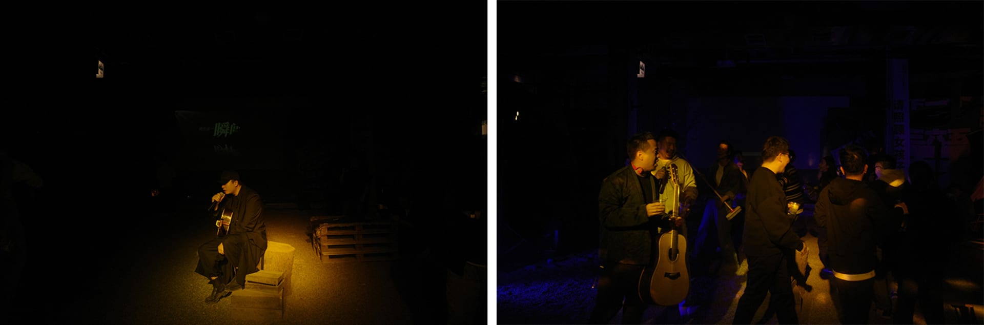 Two scenes, a dark music studio with a man and a guitar case, and a brightly lit public space with people engaged in various activities