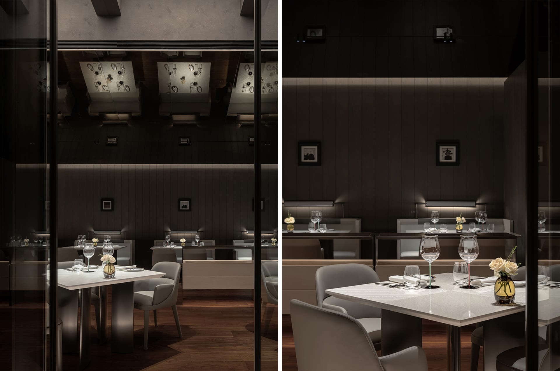 Elegant restaurant interior with white tablecloths, wine glasses, vases, and potted plants, creating an inviting atmosphere