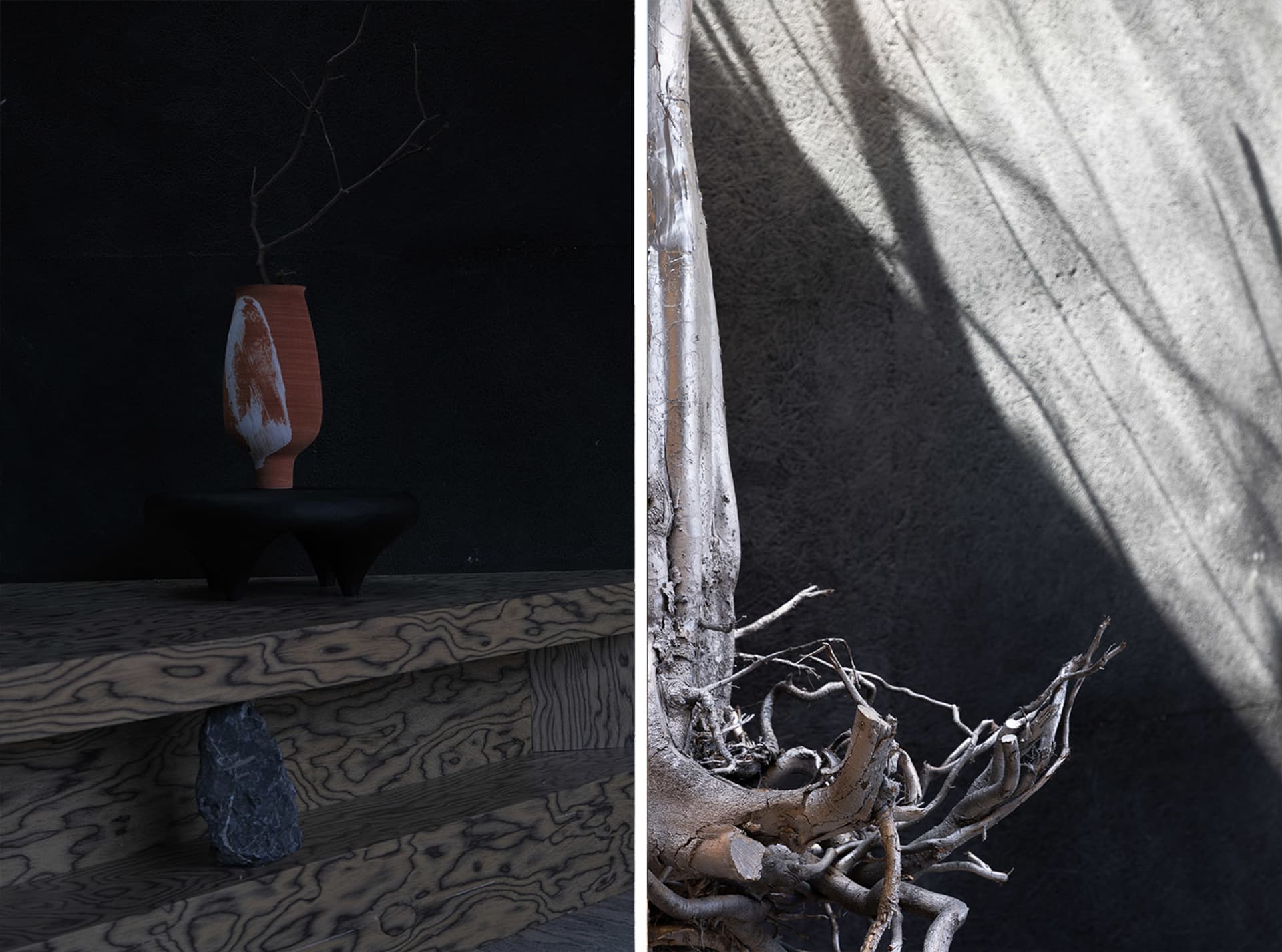 A black and white artistic representation of a tree branch next to a minimalist vase on a wooden table in a calm atmosphere