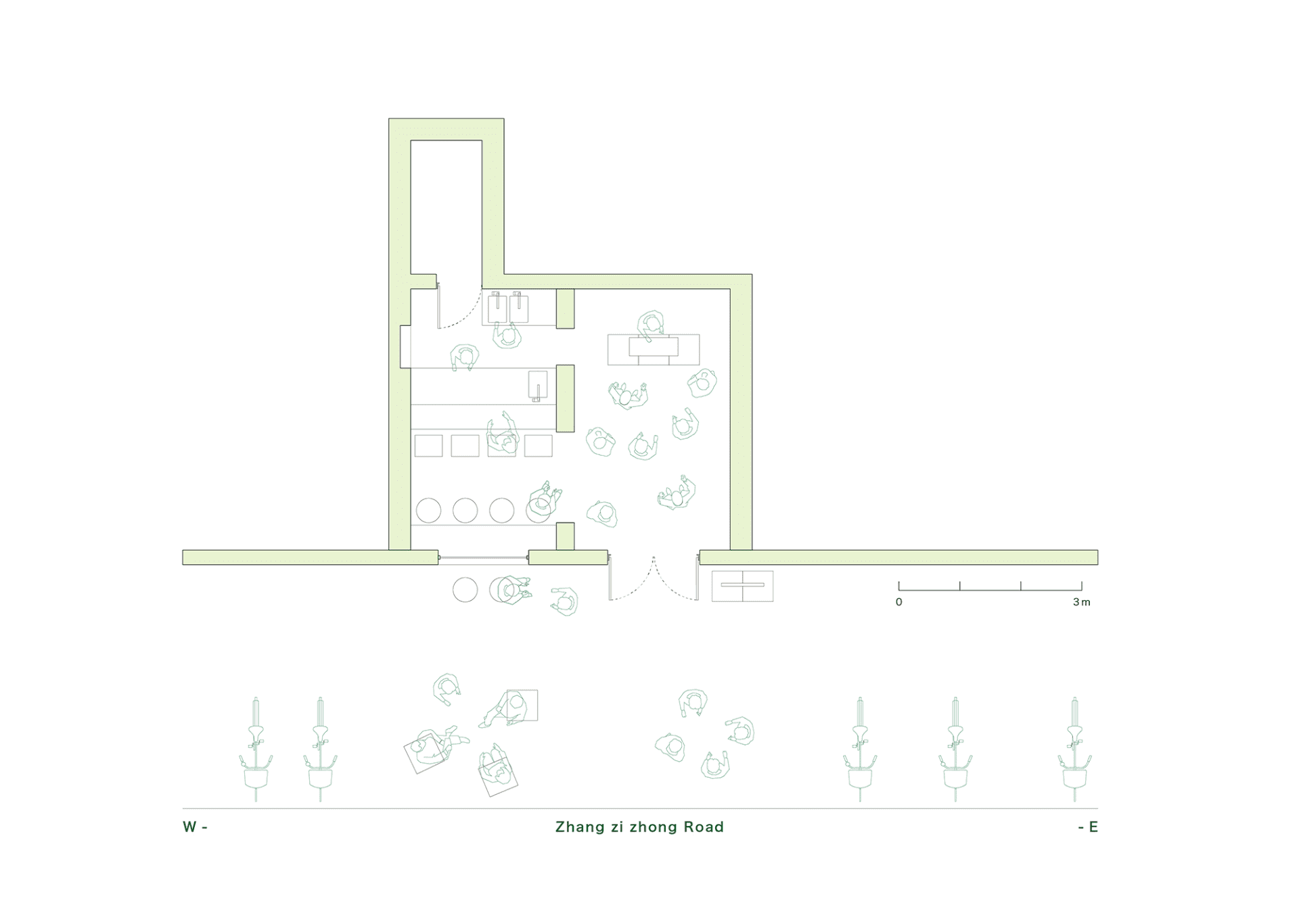 A modern hotel floor plan with various rooms and spaces labeled, featuring a ground level and upper floors, with clean lines and minimalistic design elements