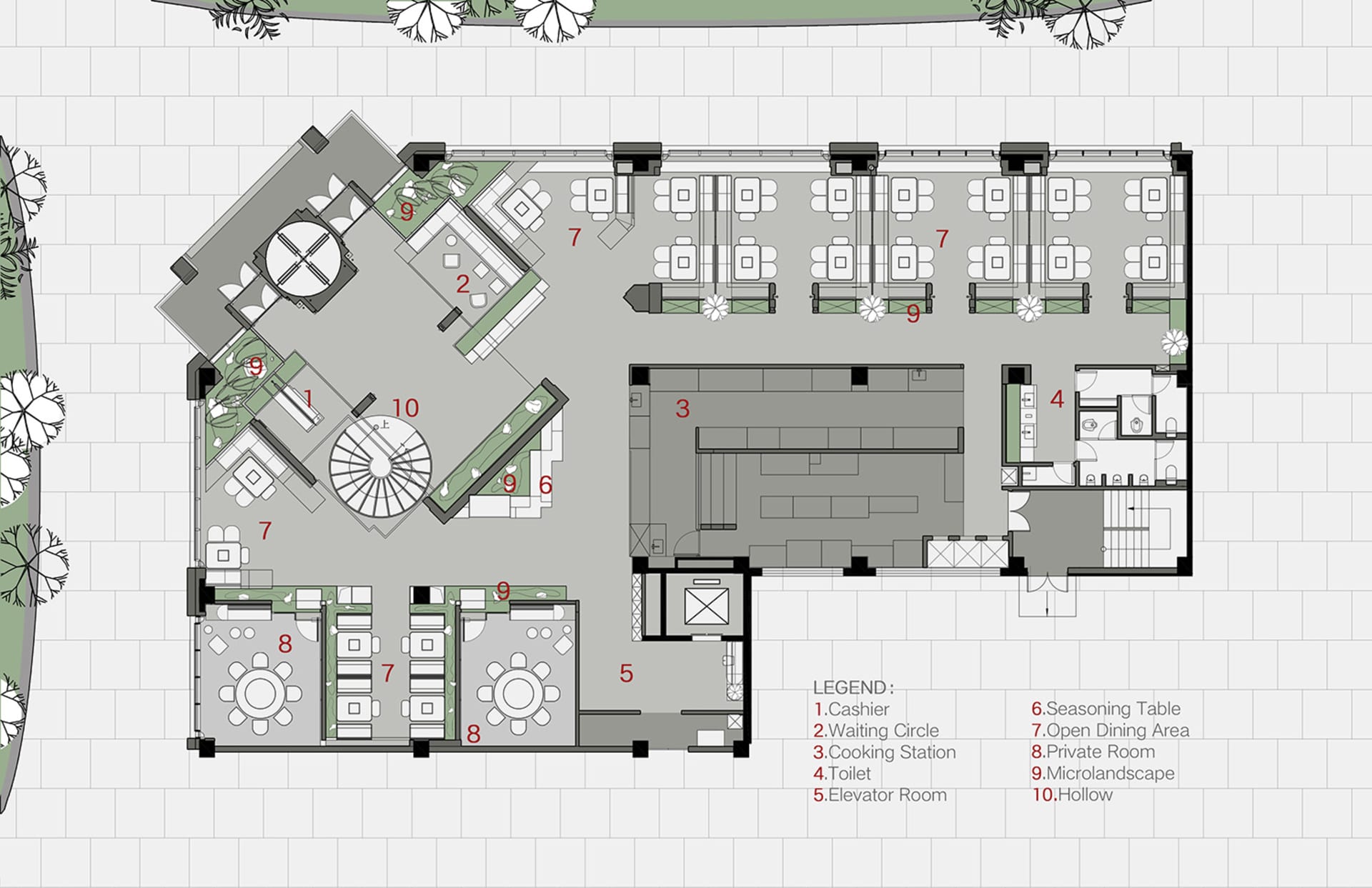 2D floor plan of a modern hotel with various rooms, elevators, and staircases