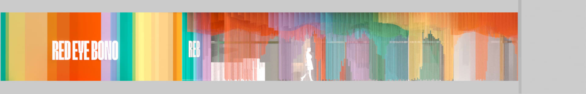 A woman walks down a hallway in a rendered scene with a sense of movement and activity