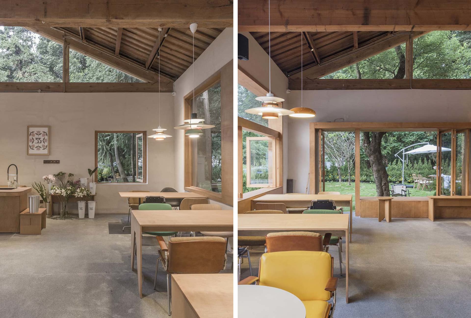 Warm and inviting space with wooden floors and walls, featuring chairs, tables, and potted plants, perfect for socializing and relaxation