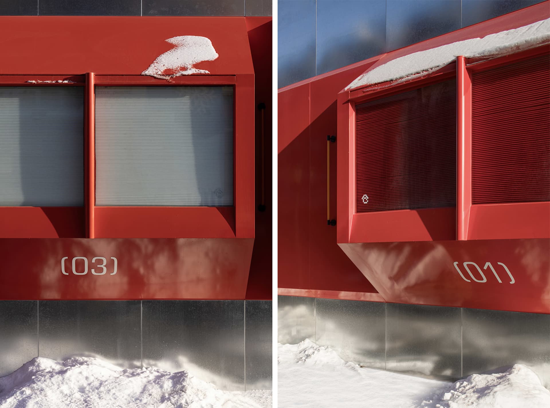 A red building with snowy windows in one image and bare windows in another, showcasing the same structure in different weather conditions