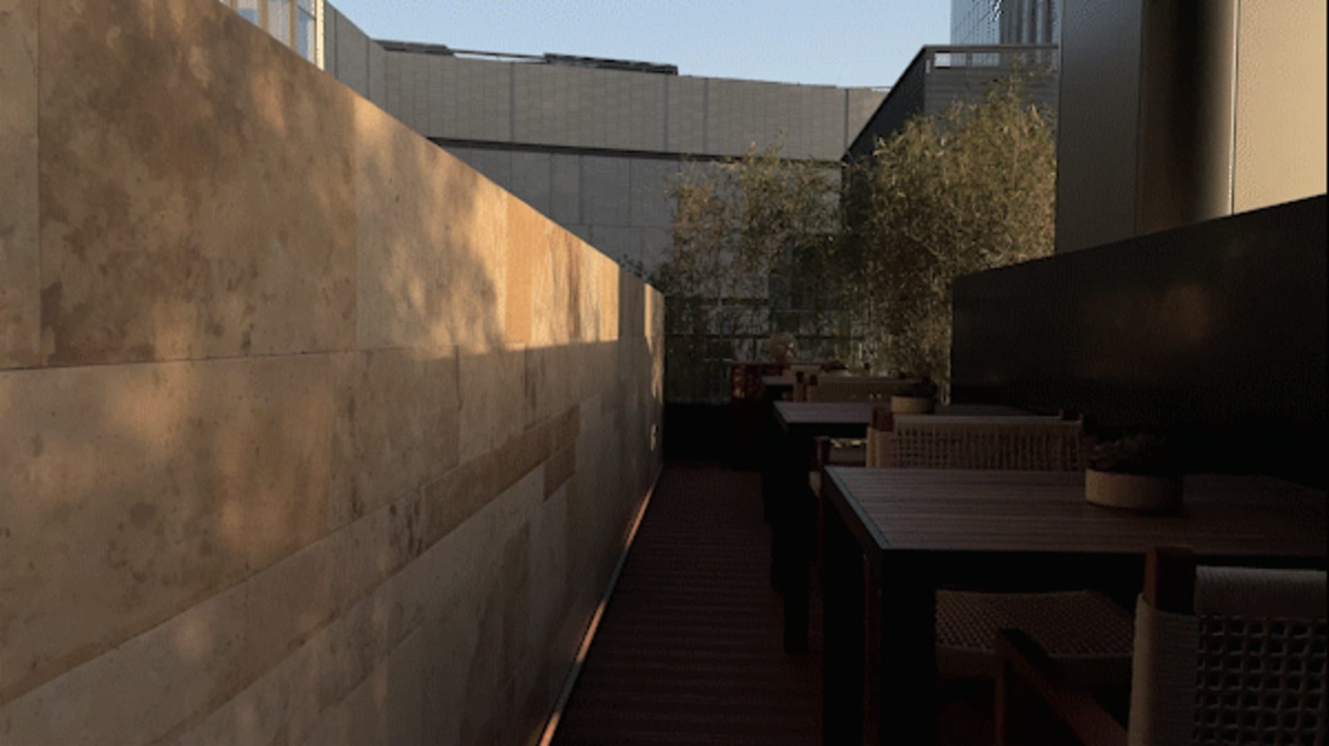 Inviting restaurant patio with wooden tables and chairs, perfect for dining and socializing