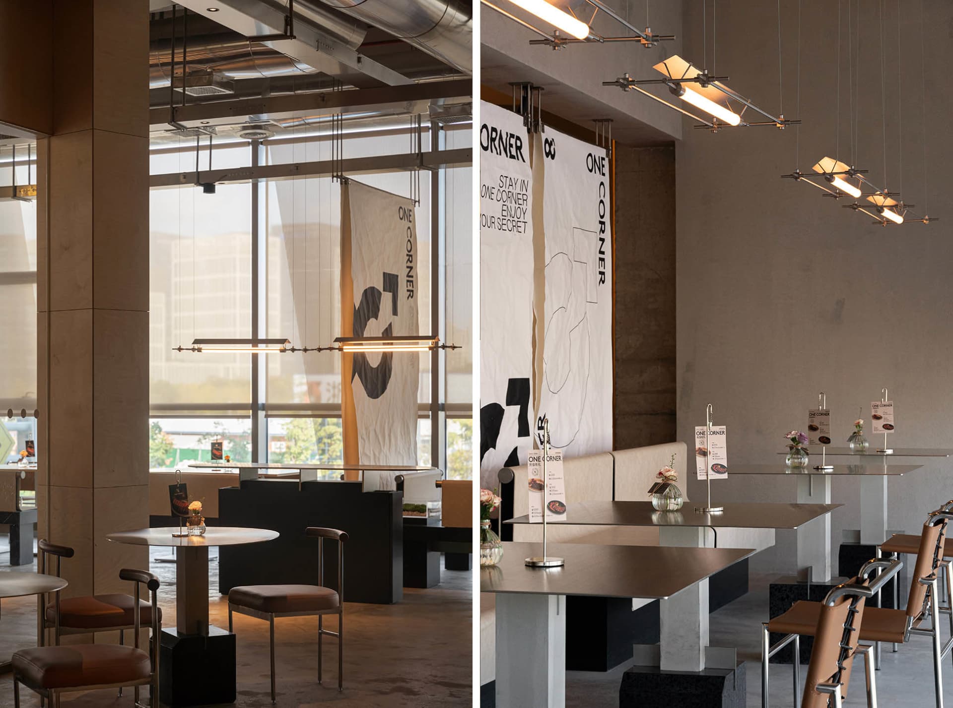 A modern restaurant with wooden and metal tables and chairs, well-lit with natural or artificial light, creating an inviting and comfortable atmosphere for socializing and dining