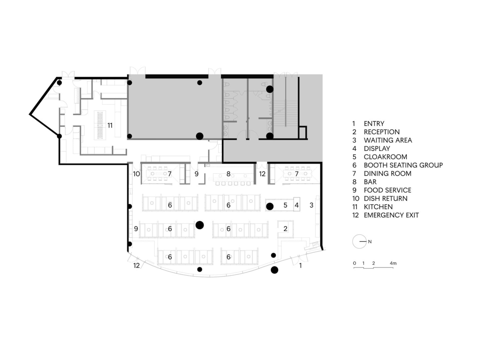 2D floor plan of a modern hotel with dining area, kitchen, and multiple seating areas, featuring chairs, tables, and other furniture pieces