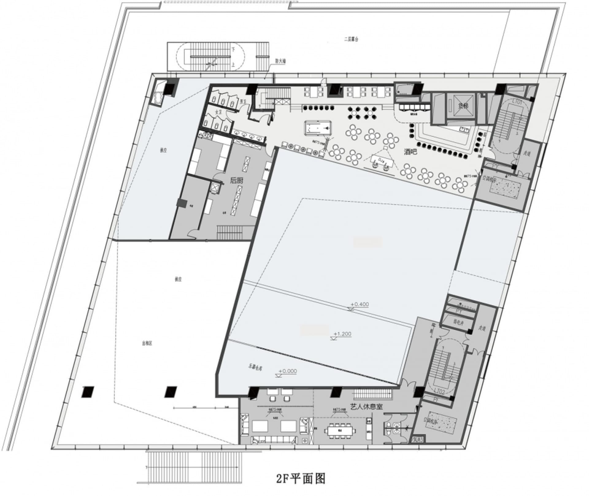 Architectural rendering of a modern building with various rooms and spaces, including offices, dining rooms, and living areas, showcasing a functional and organized design