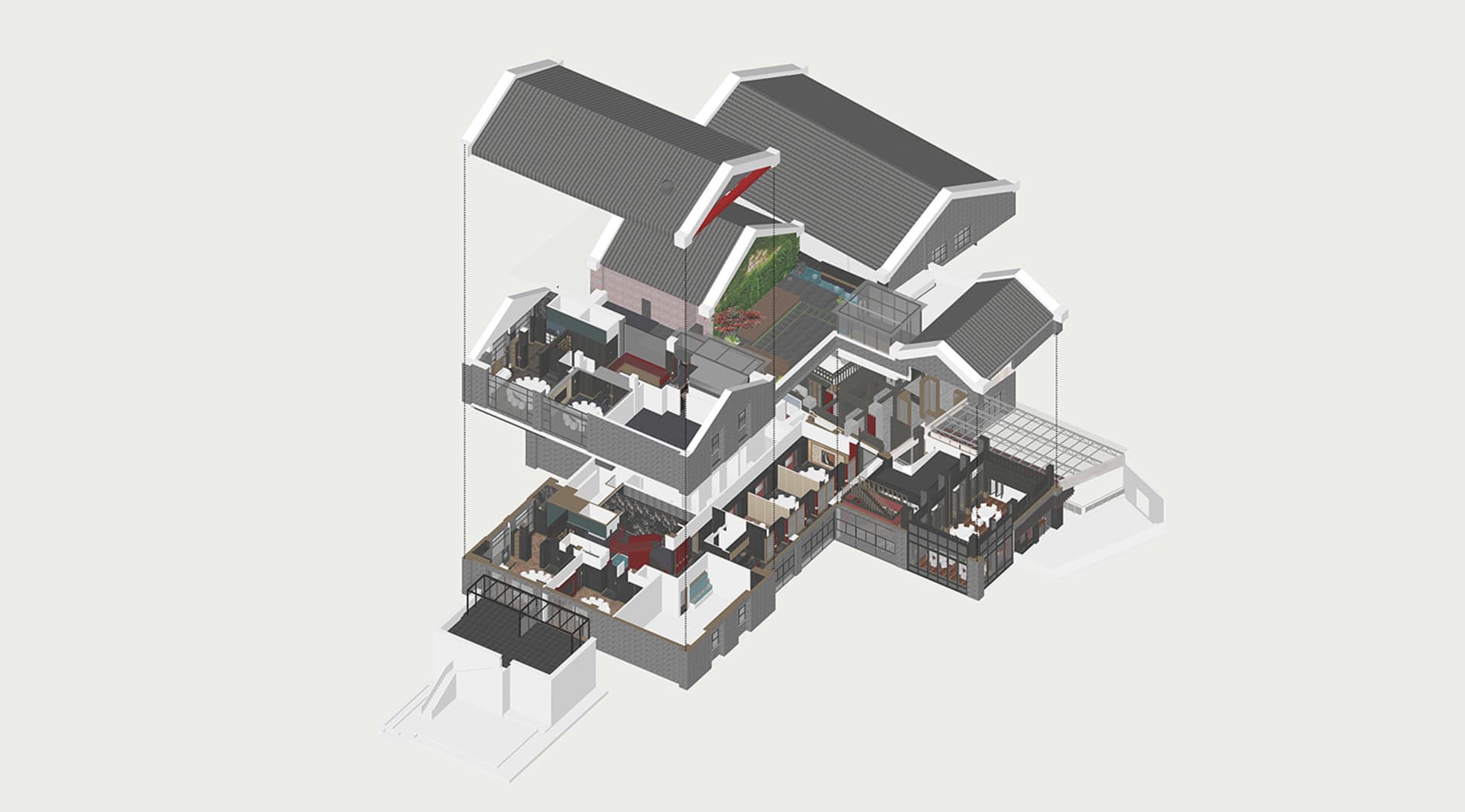 A modern house with a multi-level design featuring a living area, dining area, kitchen, and bedrooms, with wood and tile flooring, diverse colored walls, and natural and artificial lighting