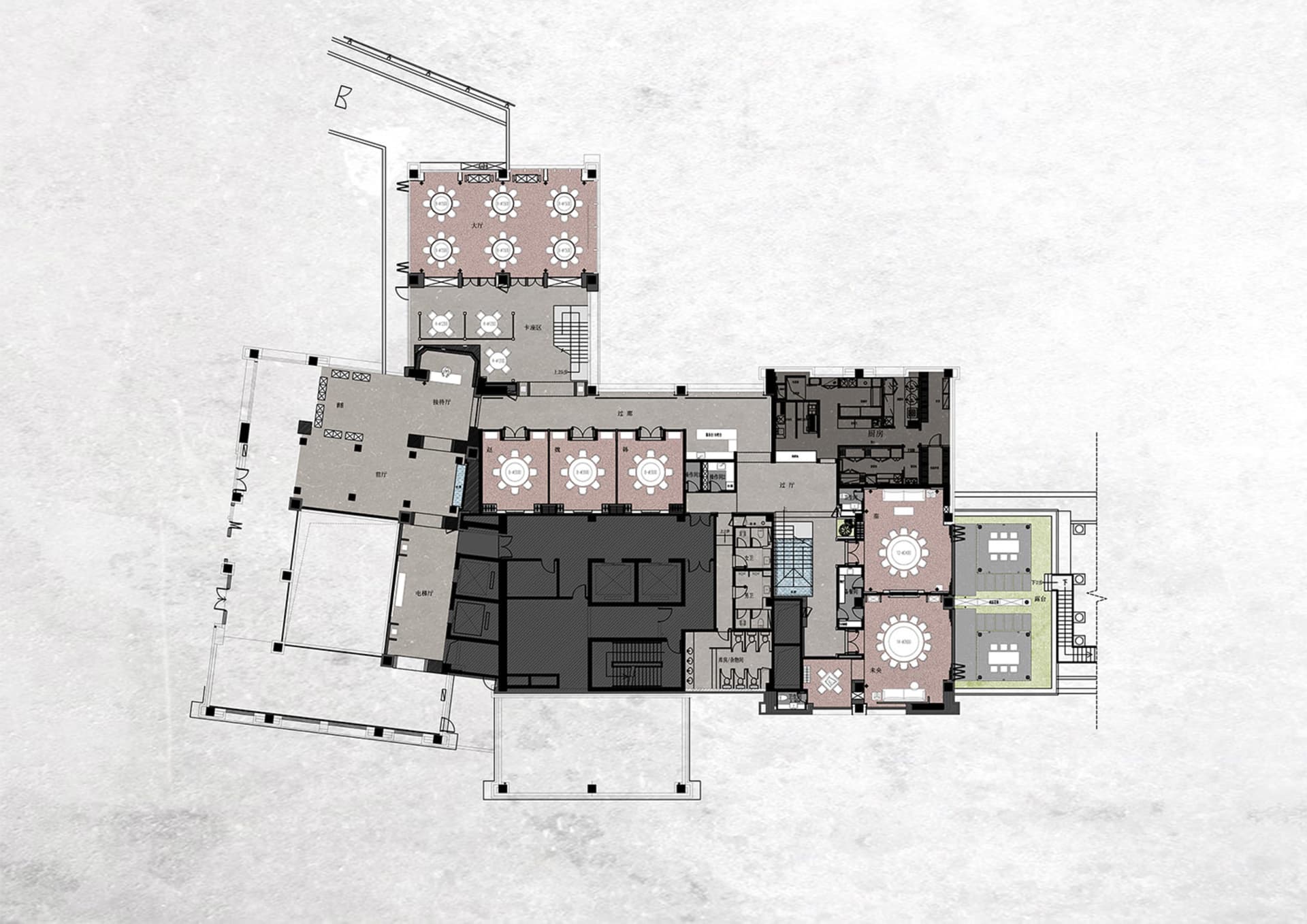 Detailed floor plan of a mixed-style building with various rooms and spaces, well-lit with natural light through windows and skylights