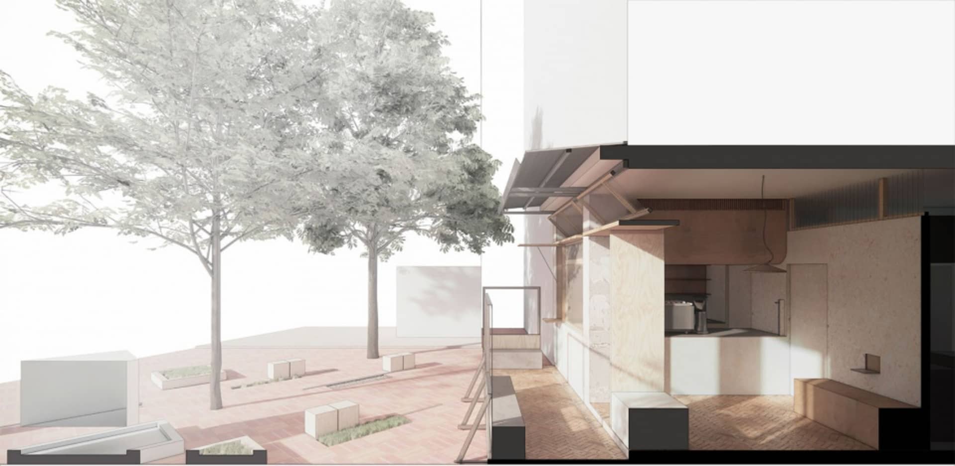 現代餐廳樓層平面圖，採用木頭與混凝土材質，清楚標示房間輪廓、標籤與尺寸