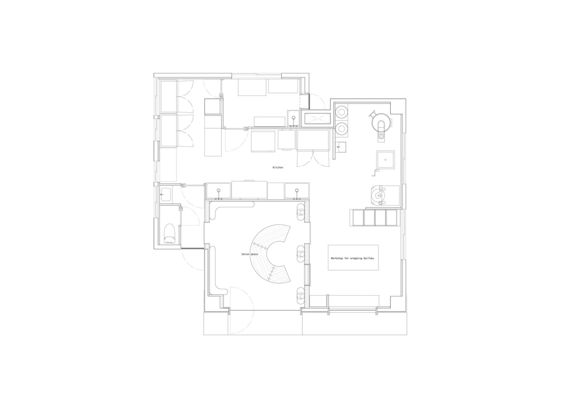 Architectural drawing of a modern house with multiple levels, featuring a living area, dining area, kitchen, and bedrooms