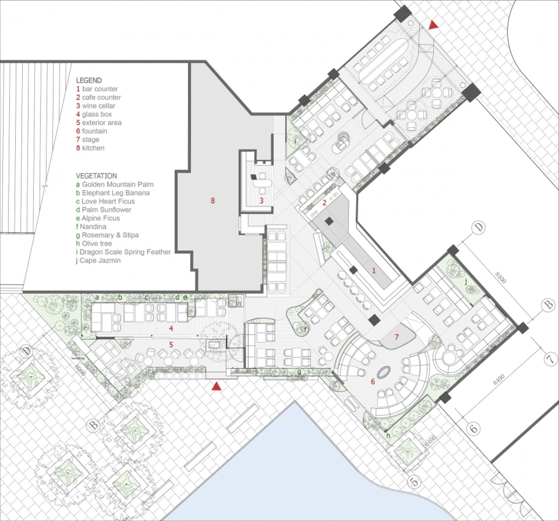 2D floor plan of an office space with multiple seating areas, chairs, dining tables, and potted plants, showcasing organization and functionality