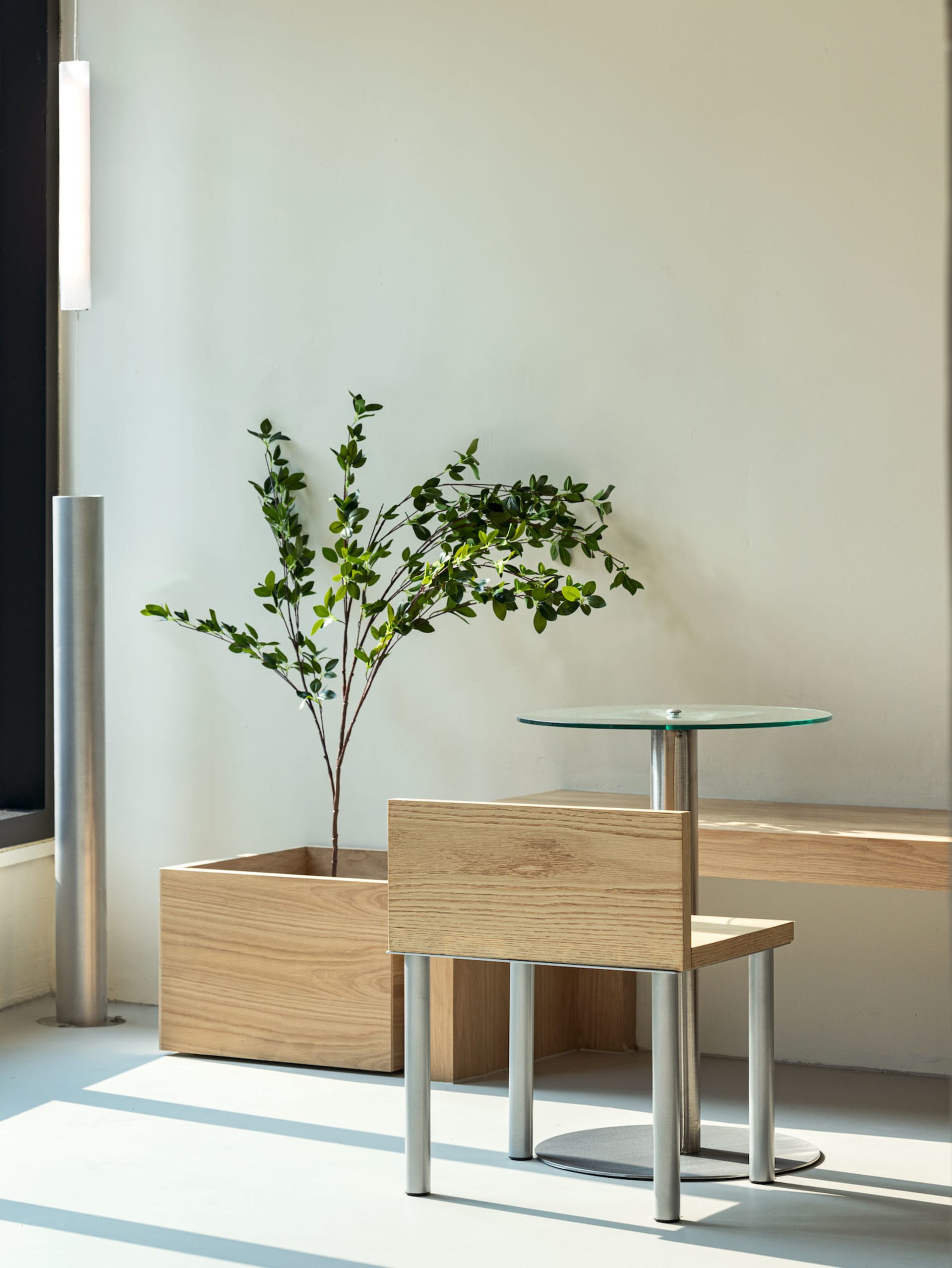 Warm interior space with a wooden table, potted plants, and a vase, creating a cozy atmosphere