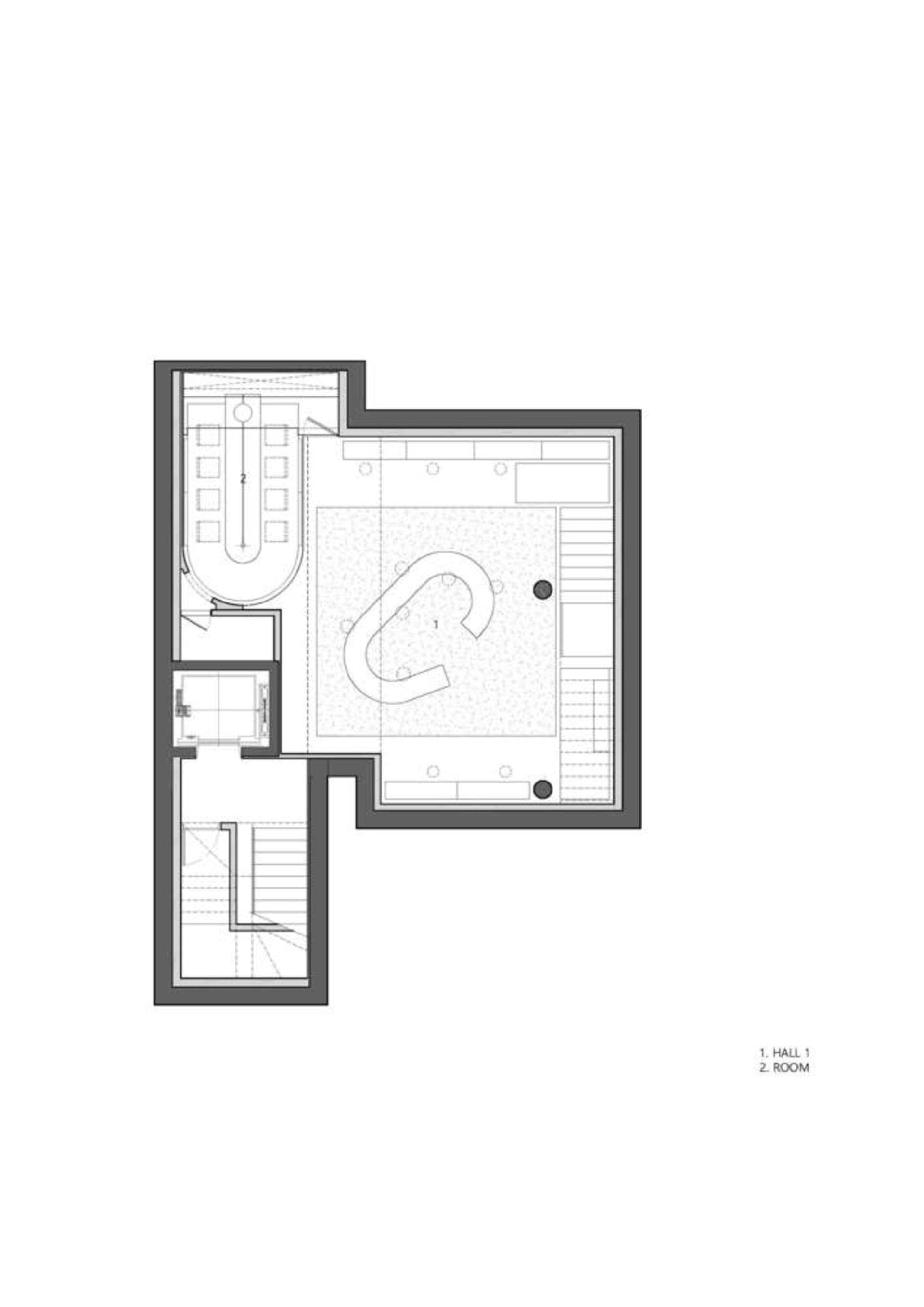 2D floor plan of a modern building with a swimming pool area, clean lines, and minimalistic design elements