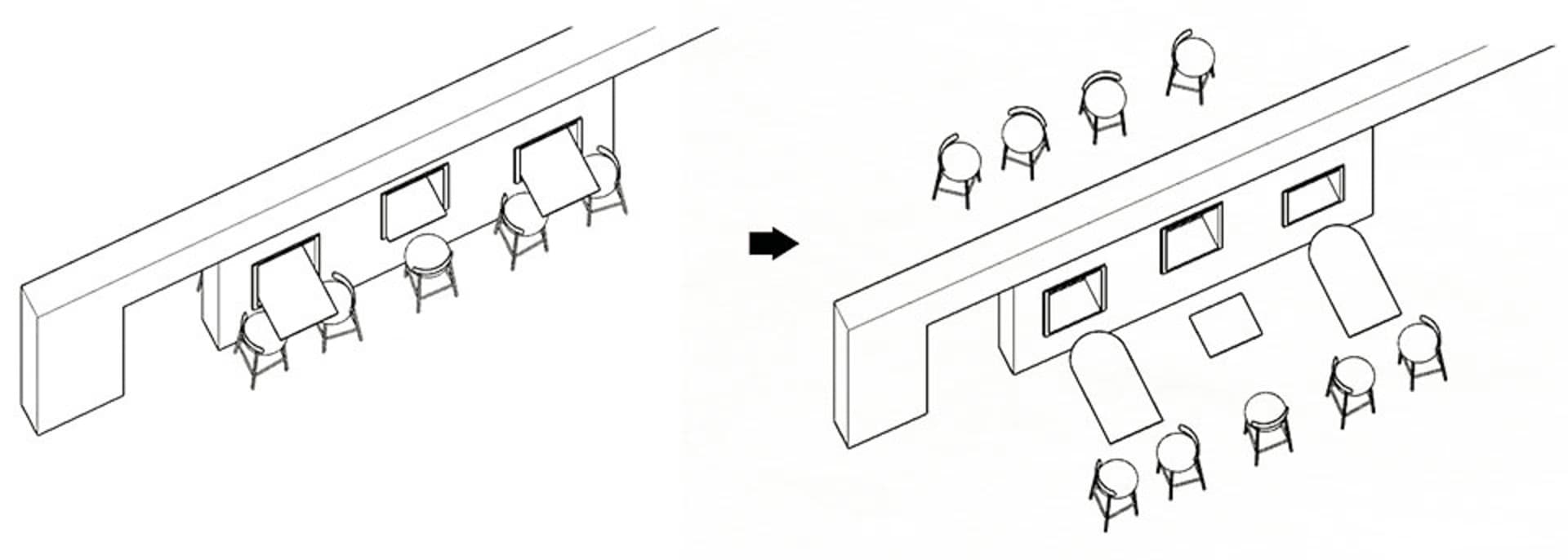 A 2D architectural drawing of a dining room with a rectangular table and chairs, empty space, and organized layout