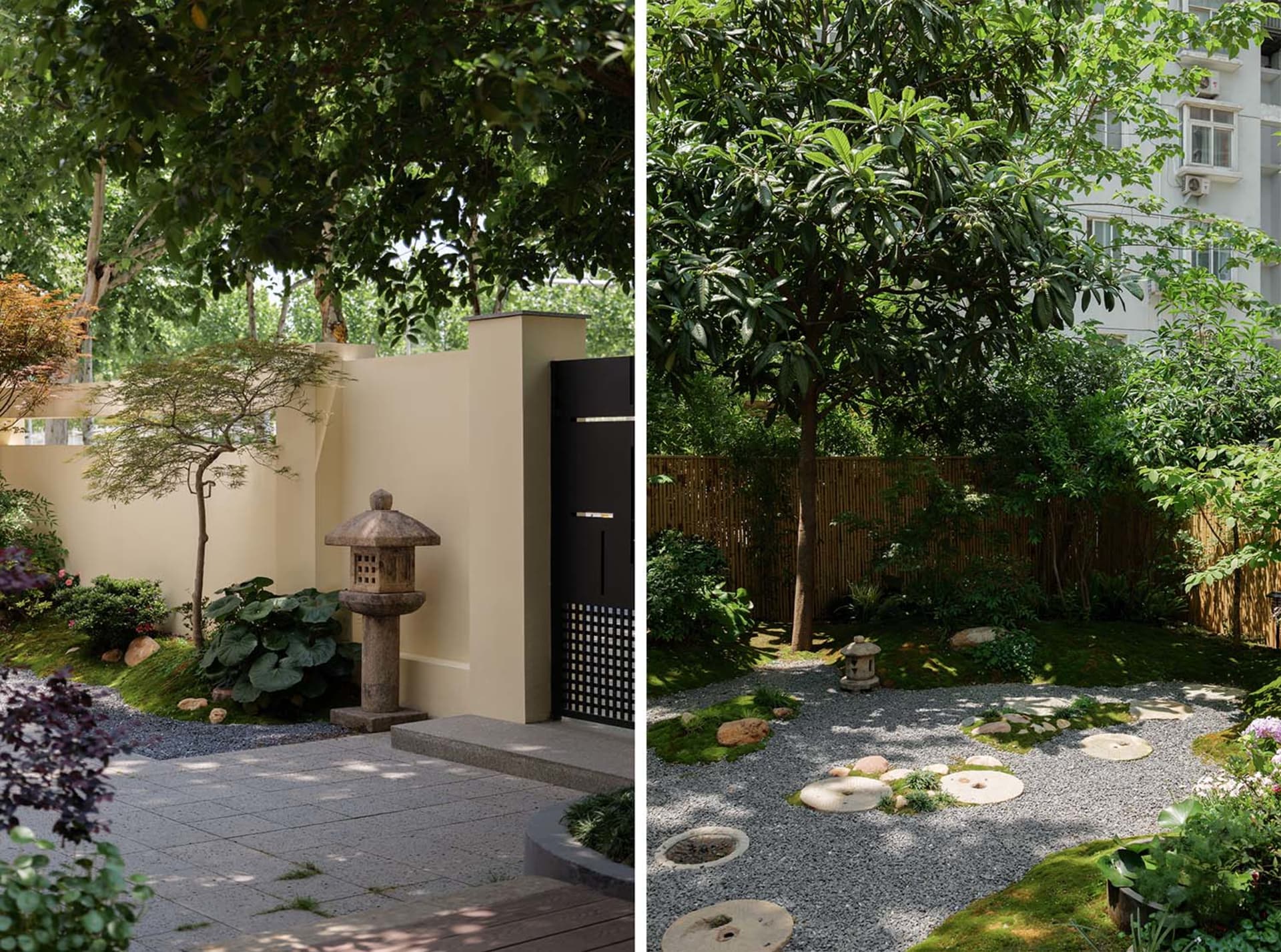 A well-maintained outdoor area with trees, a building, potted plants, benches, a birdhouse, and decorative bowls, creating a pleasant and inviting atmosphere