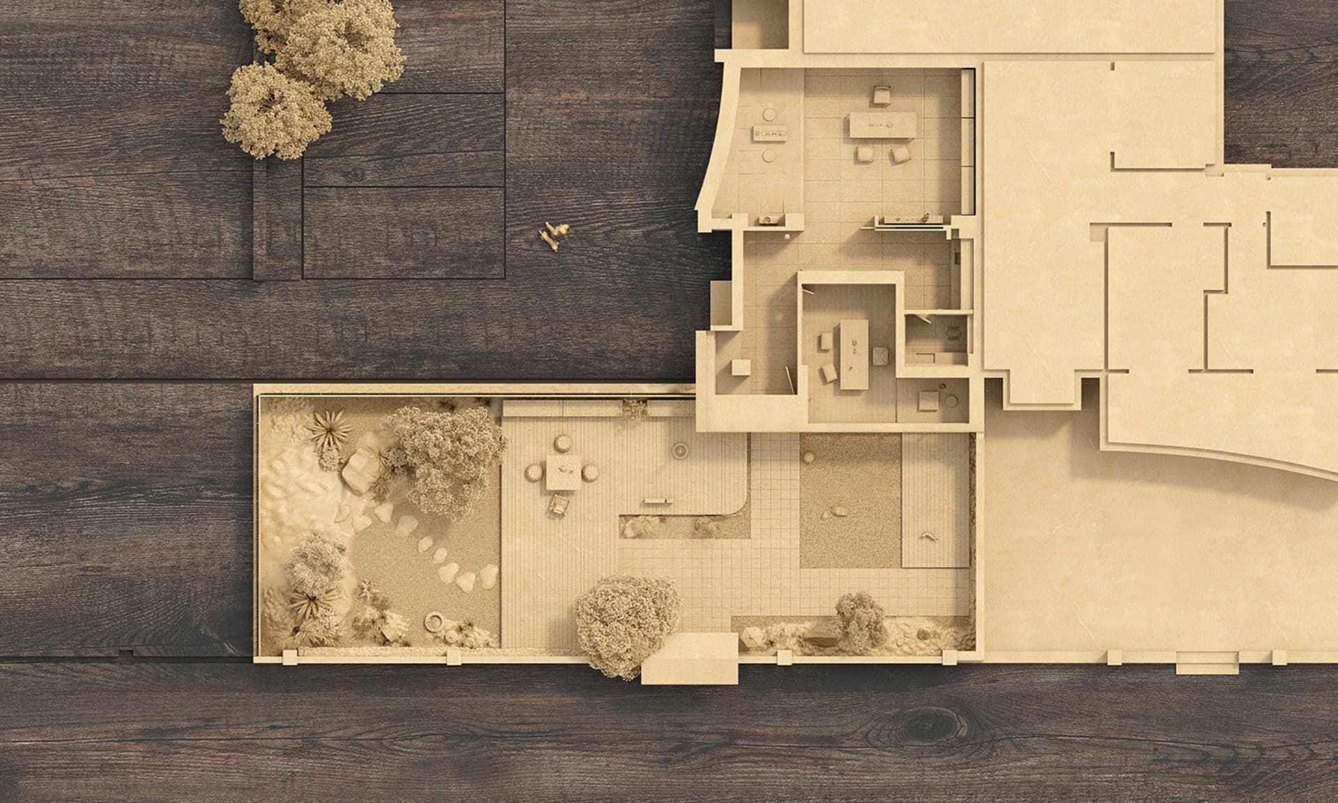 木質建築模型，展現客廳、餐廳、廚房與臥室，營造溫暖舒適的氛圍