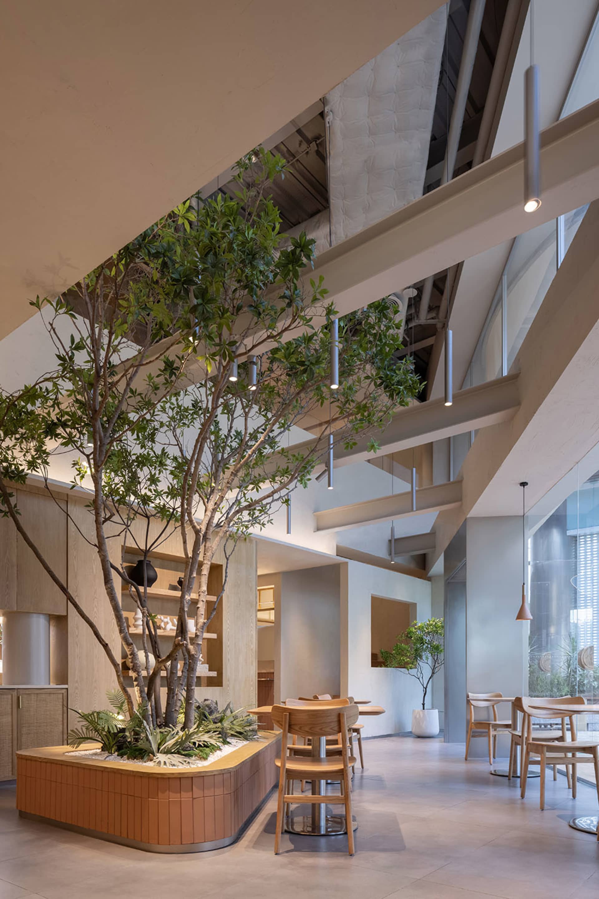 A bright and inviting dining room with a kitchen area, multiple tables, chairs, potted plants, and natural light from windows