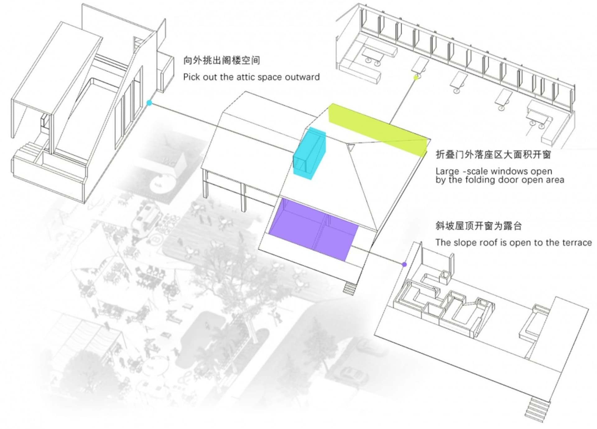 Architectural drawing of a modern office building with a central atrium and various rooms, including an attic space, with clean lines and minimalistic elements