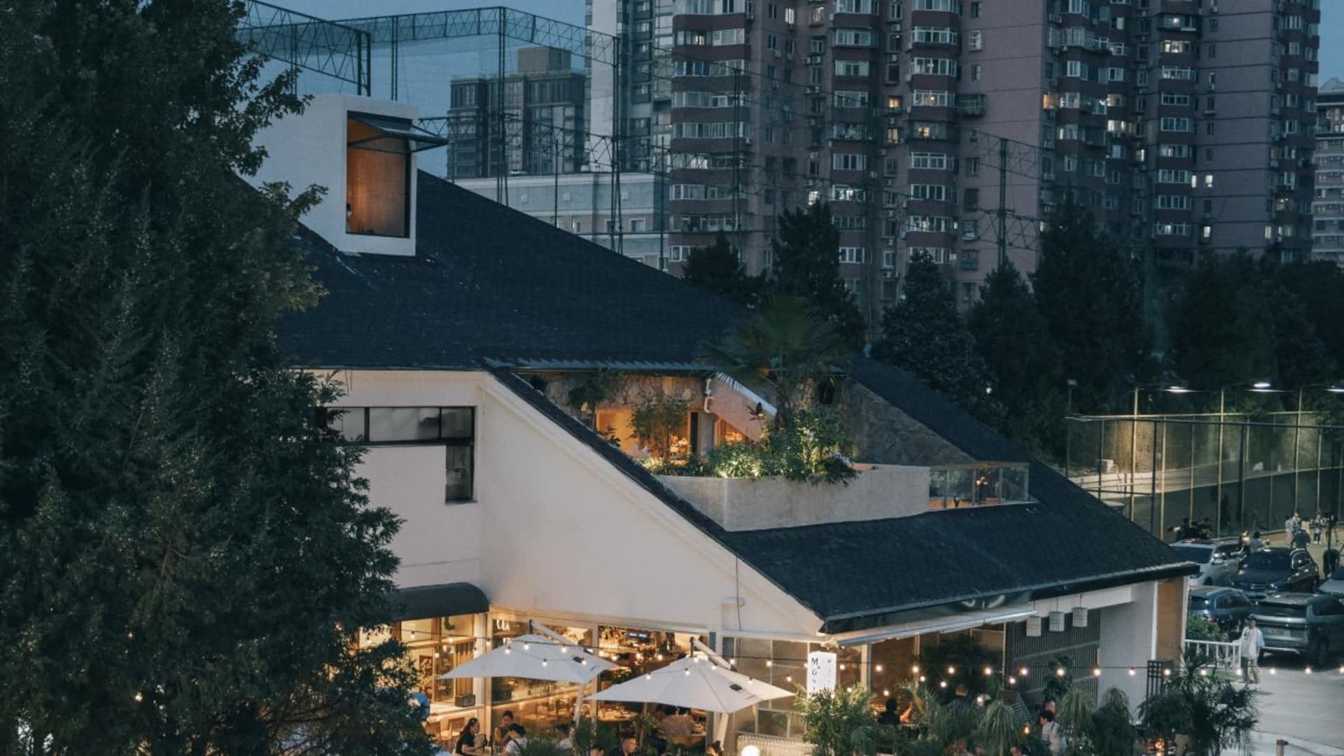 現代建築的屋頂露台，擺放多株盆栽，周圍環繞混凝土牆，提供放鬆的戶外空間