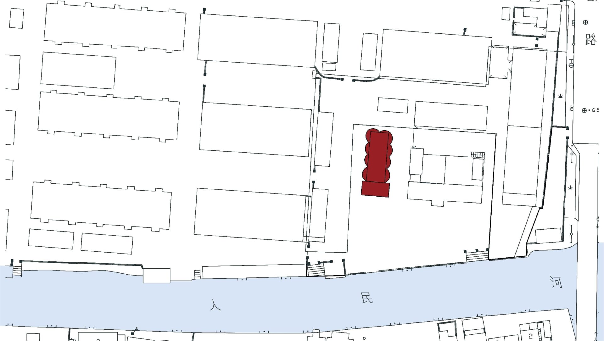 2D schematic diagram of a modern indoor space with a red structure in the center, featuring clean lines, minimalistic design, and neutral tones
