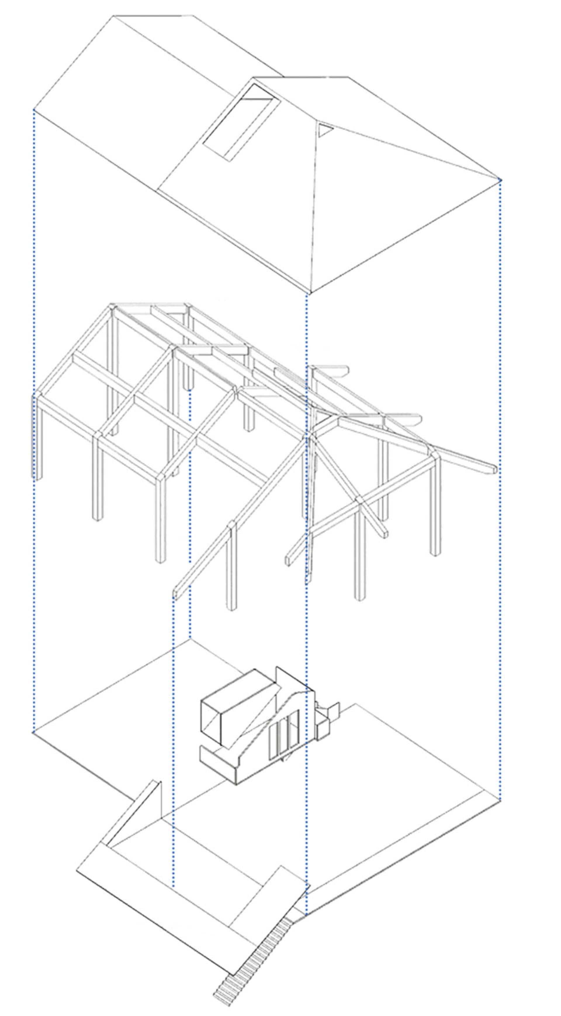 A building under construction with a mix of traditional and modern architectural styles, featuring wooden beams, metal components, and a combination of indoor and outdoor spaces
