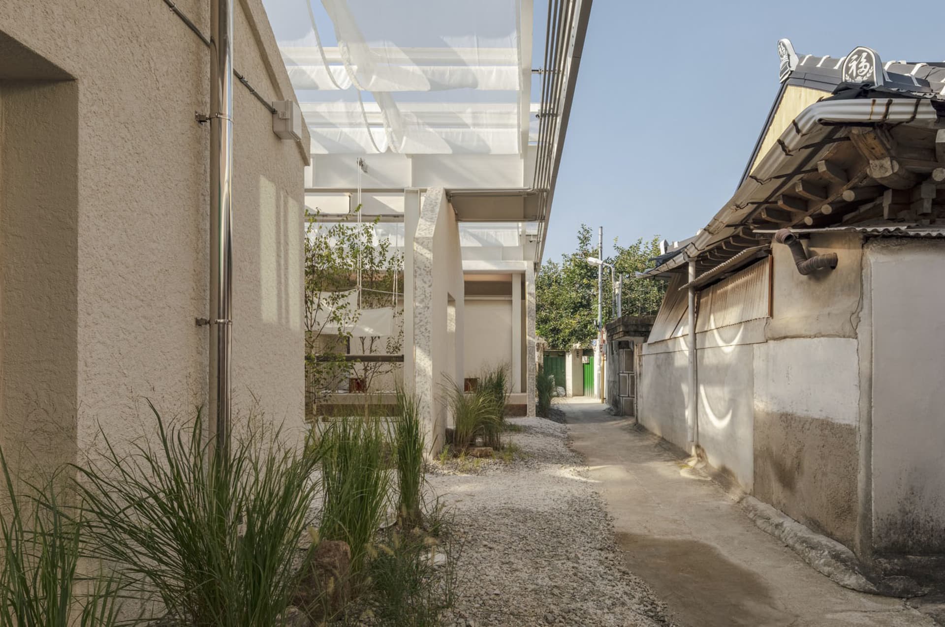 一棟現代住宅，外牆為白色，綠色大門，附露台區域，周圍環繞盆栽植物與裝飾花瓶
