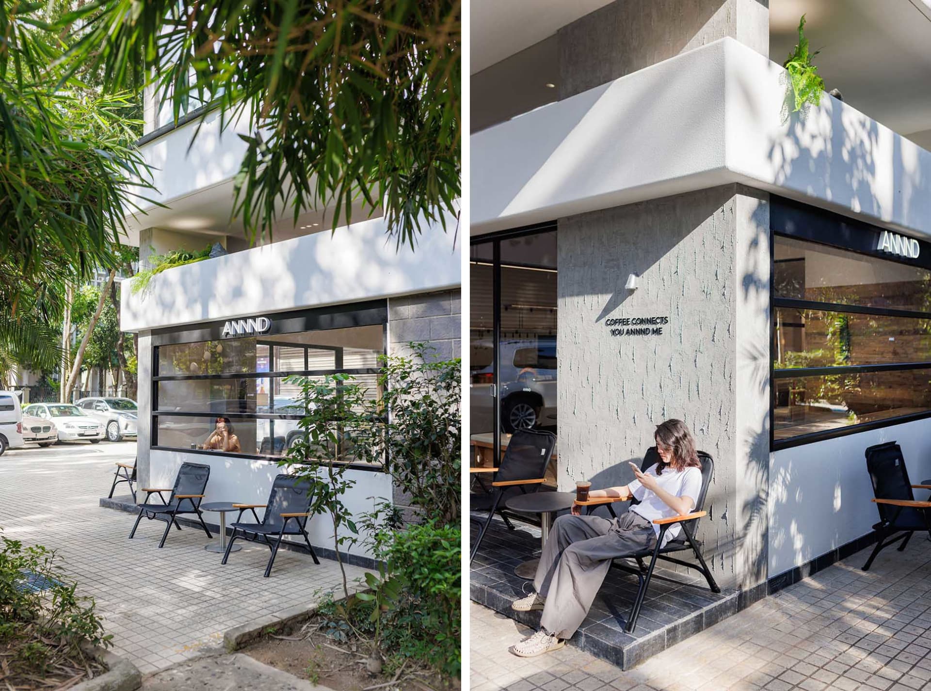 Professional office building with outdoor seating area and interior workspace with people and furniture