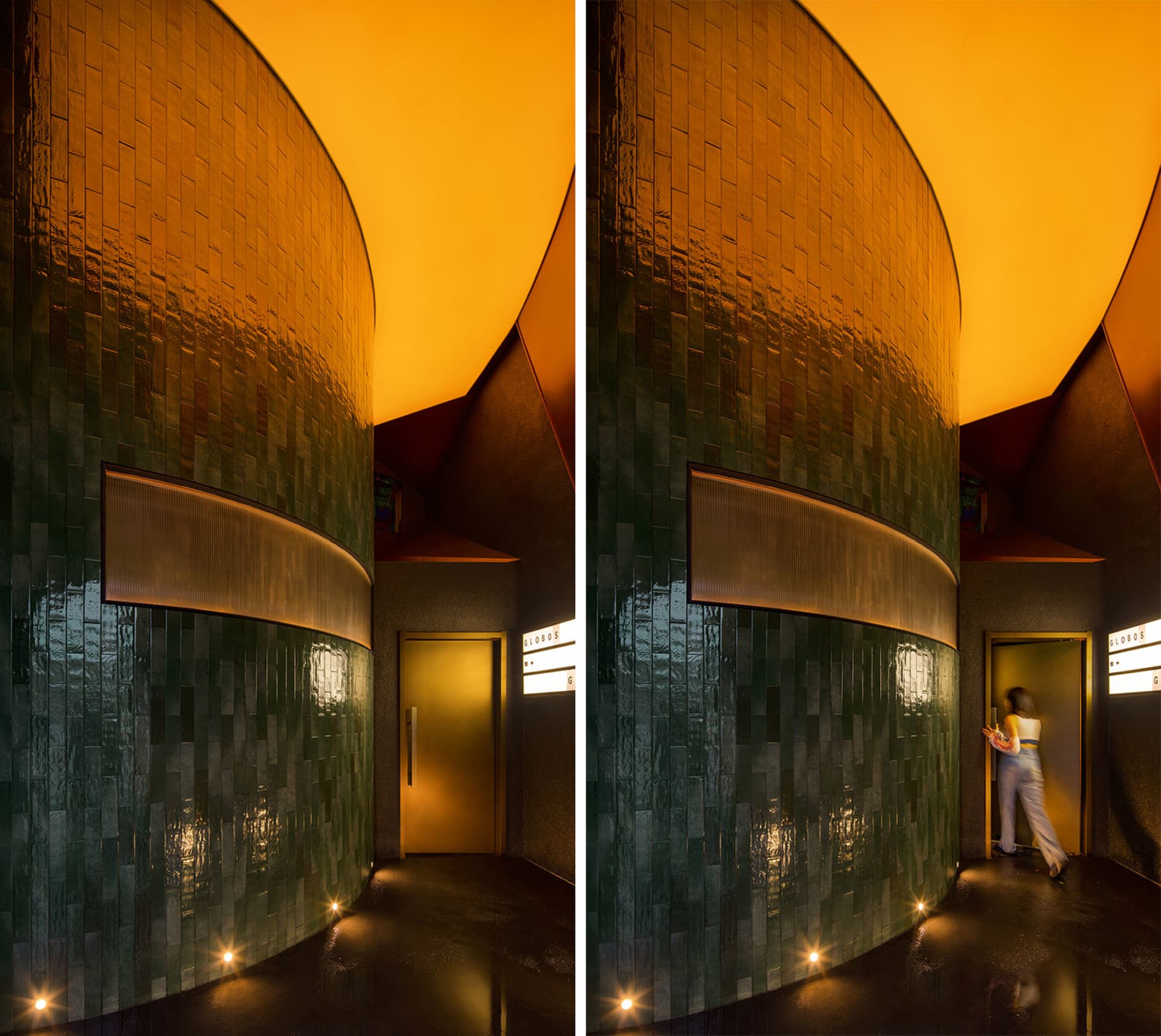 A modern hallway with green tiles on the walls, featuring two people walking in one image and one person in the other, set in a well-lit space