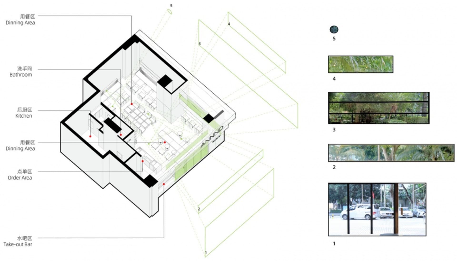 2D floor plan of a modern home interior with green accents on some walls, featuring various rooms including a kitchen and living area