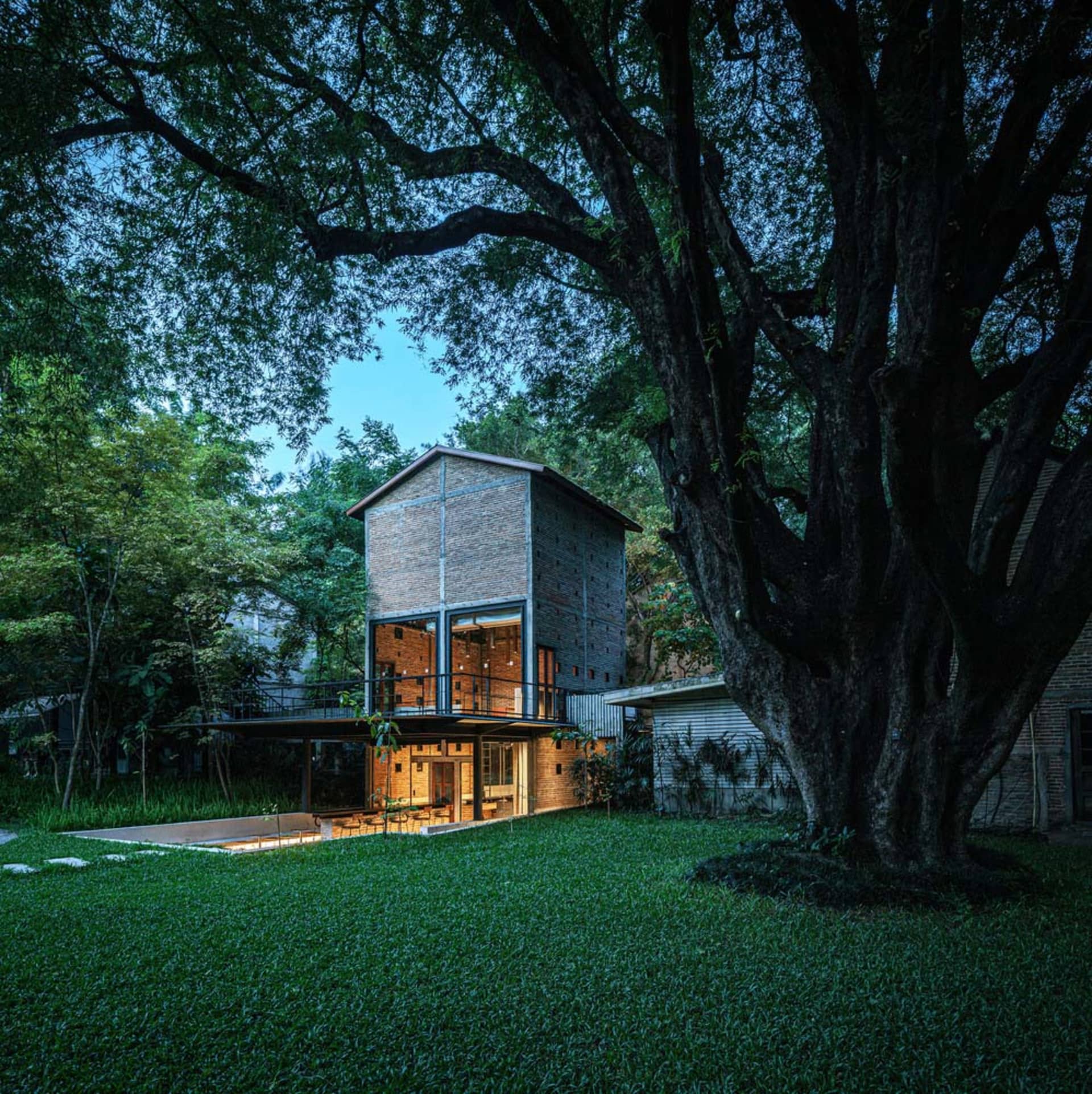 A brick house surrounded by trees, with a large tree in front and natural light entering through the windows