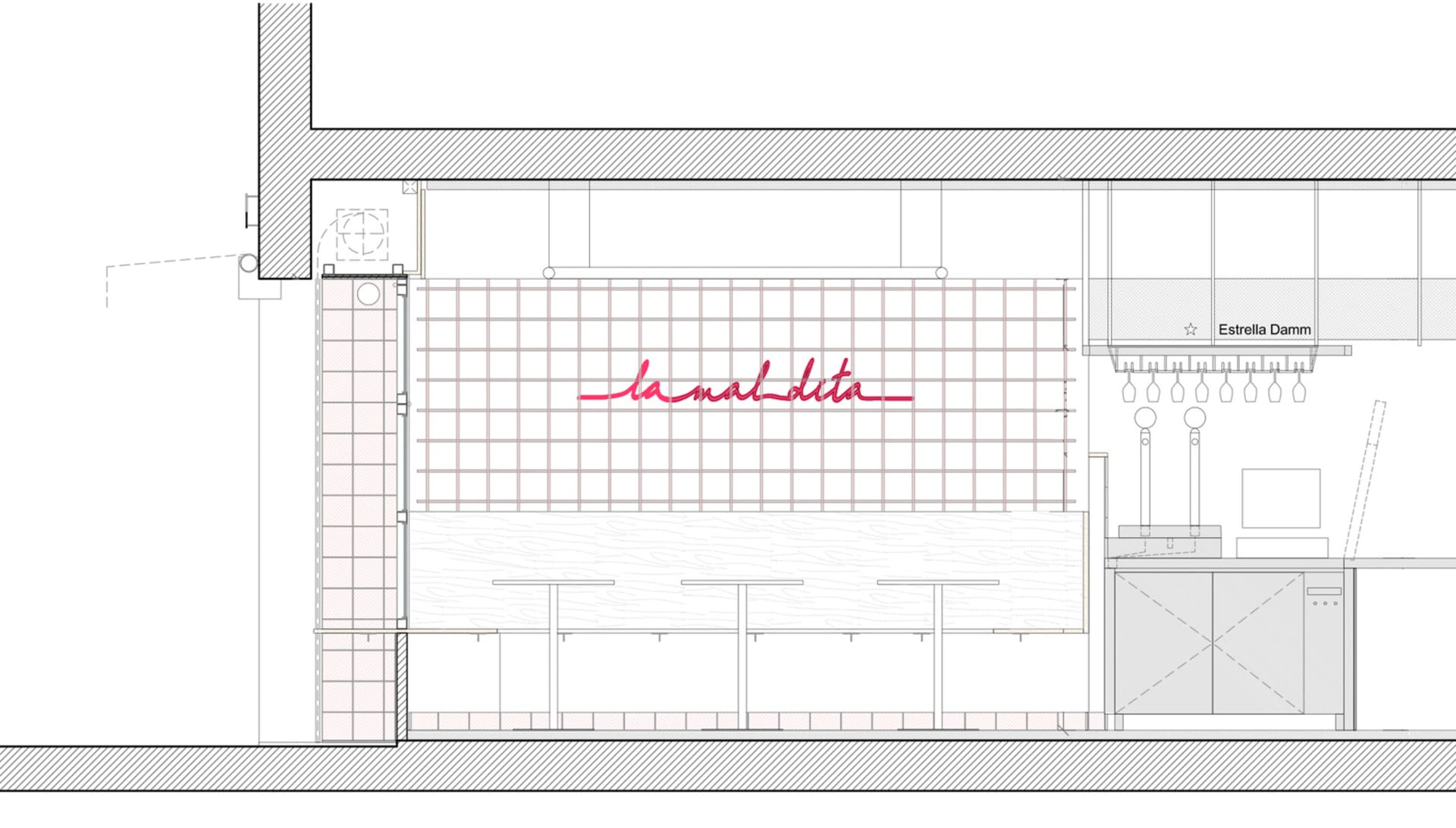 Architectural drawing of a modern storefront with a pink sign on a brick wall, clean lines, and linework details