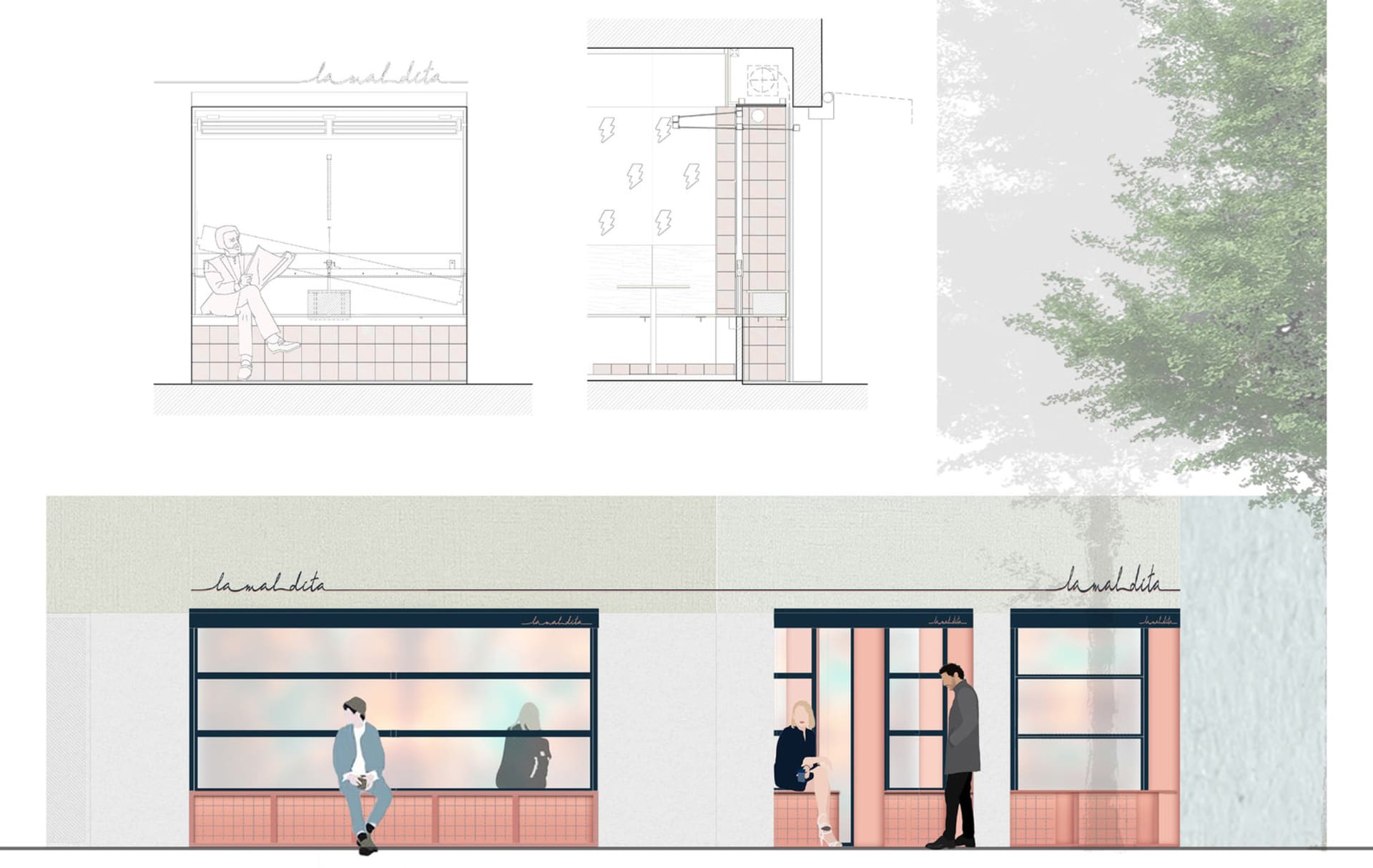 A calm and inviting storefront with a brick facade, a bench, and a tree nearby, featuring three people sitting and engaged in conversation