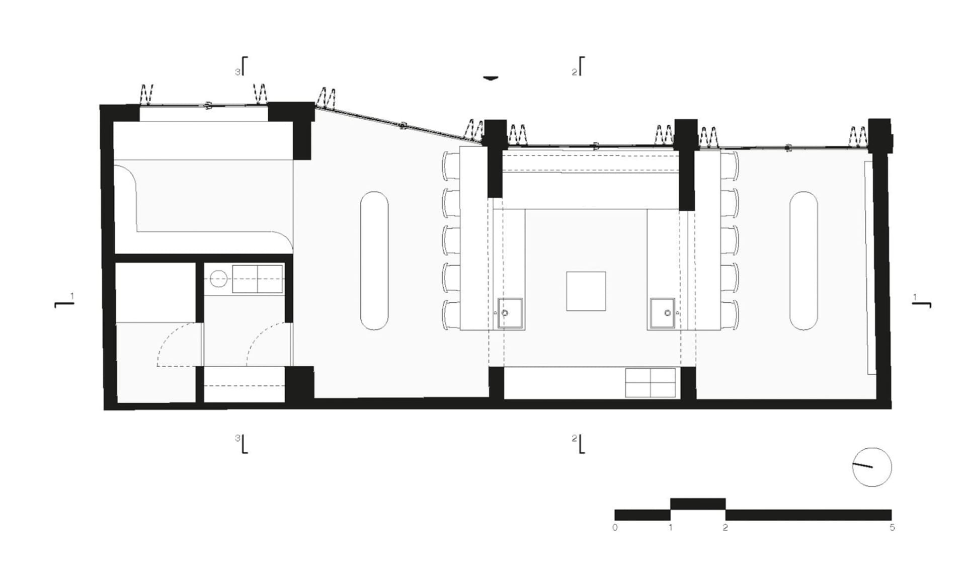 Architectural drawing of a multi-level residential interior with a dining area and kitchen, featuring various rooms and levels