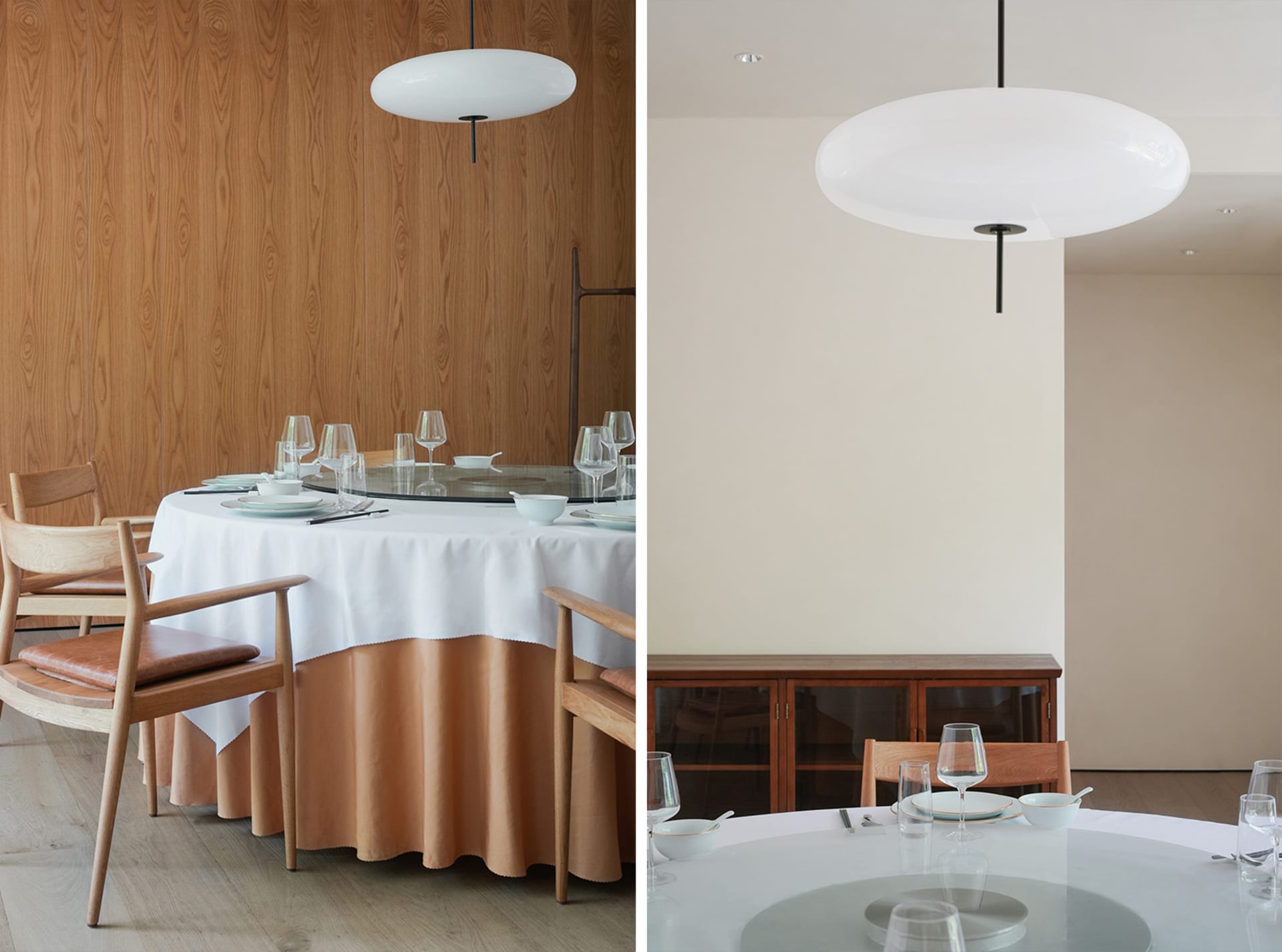 Dining area with wooden furniture, wine glasses, and bowls on a wooden table, set in a warm and inviting space