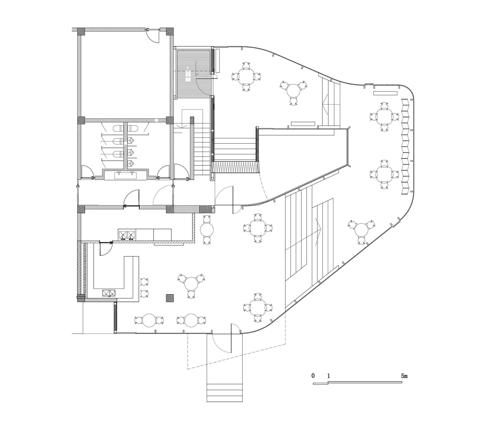 現代廚房樓梯的2D平面圖，包含椅子、餐桌與水槽，展現乾淨線條與極簡細節