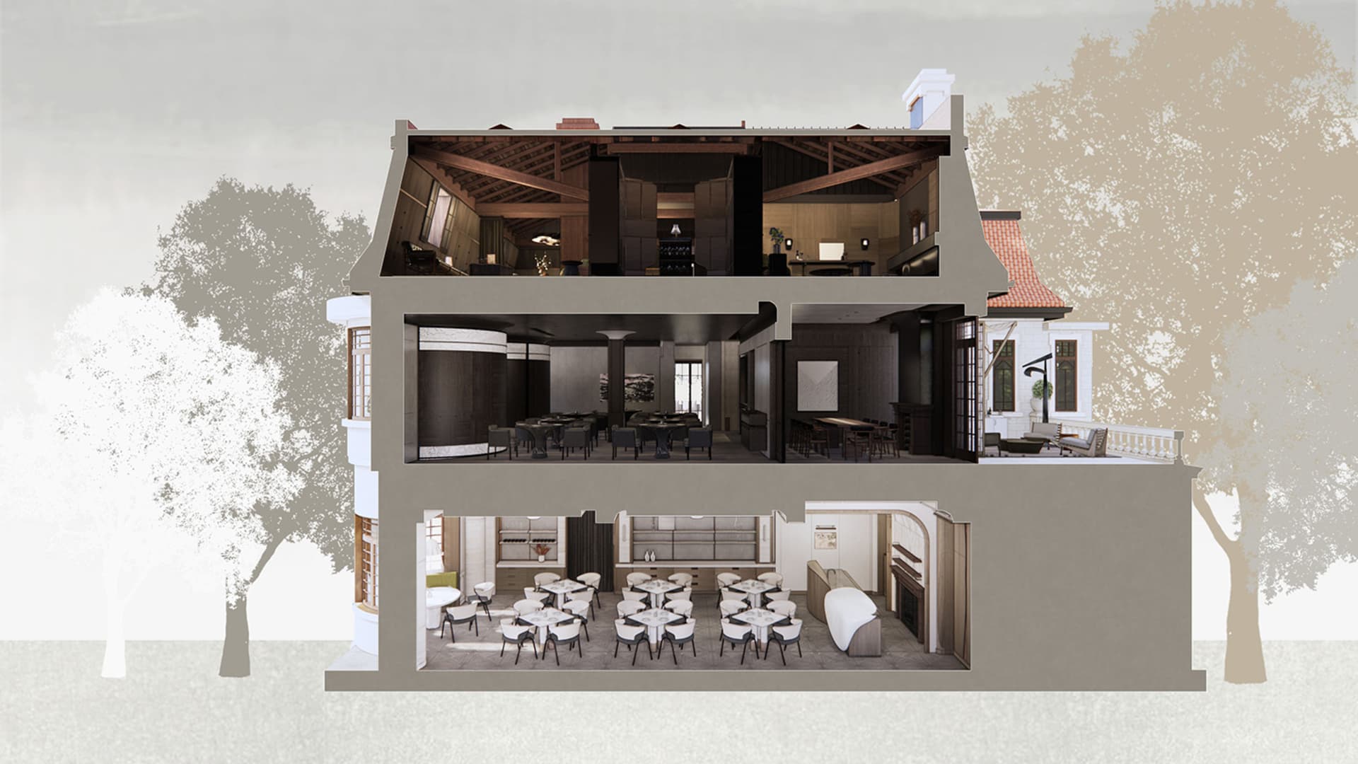 A modern hotel dining area with multiple tables and chairs, surrounded by potted plants and a sophisticated atmosphere