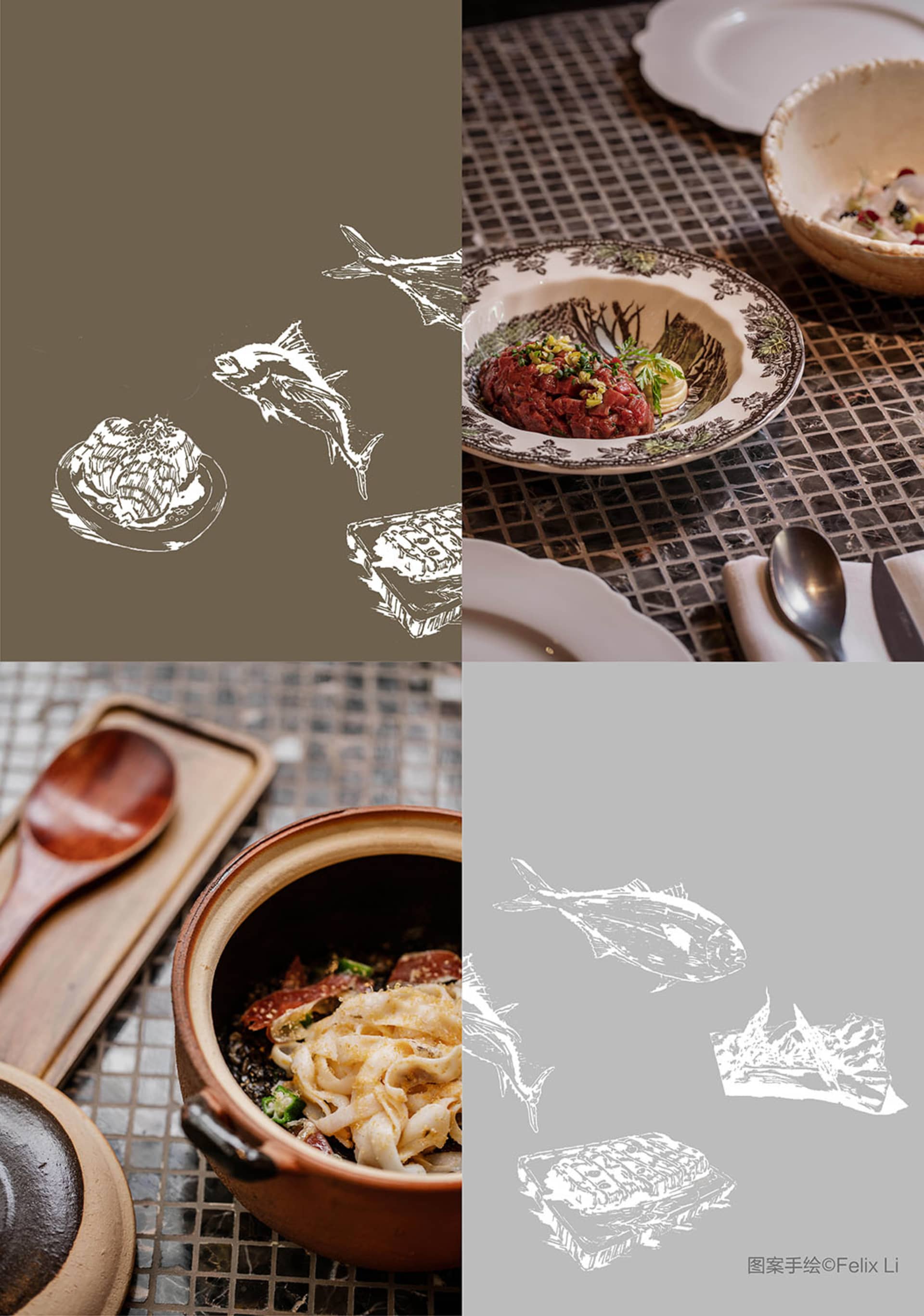 A dining area with plates and utensils, including bowls with fish and noodles, a plate with a fish dish, and a spoon