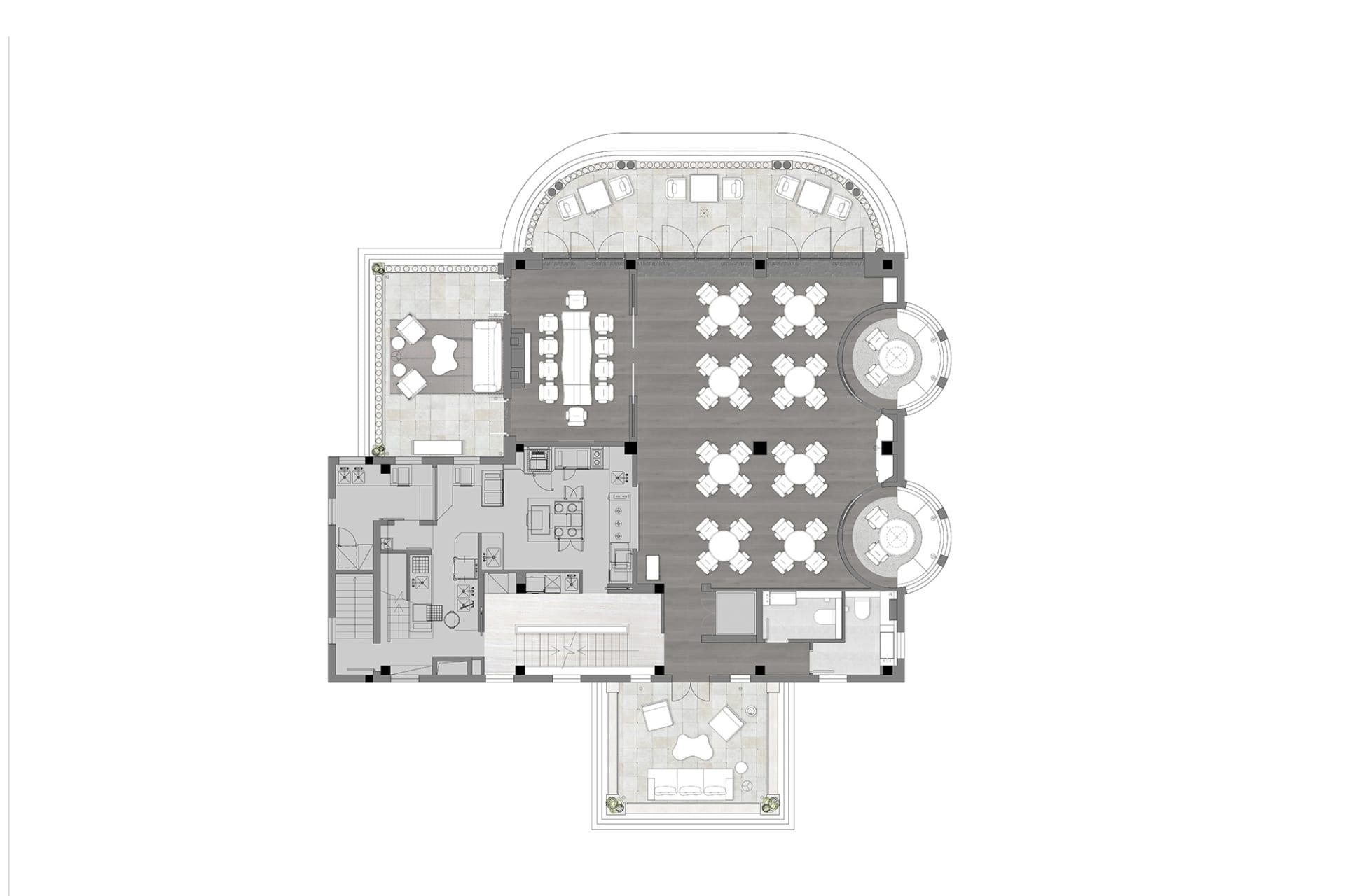 A 2D floor plan of a large building's interior with multiple dining tables, chairs, and couches arranged throughout the space, featuring potted plants and a comfortable atmosphere